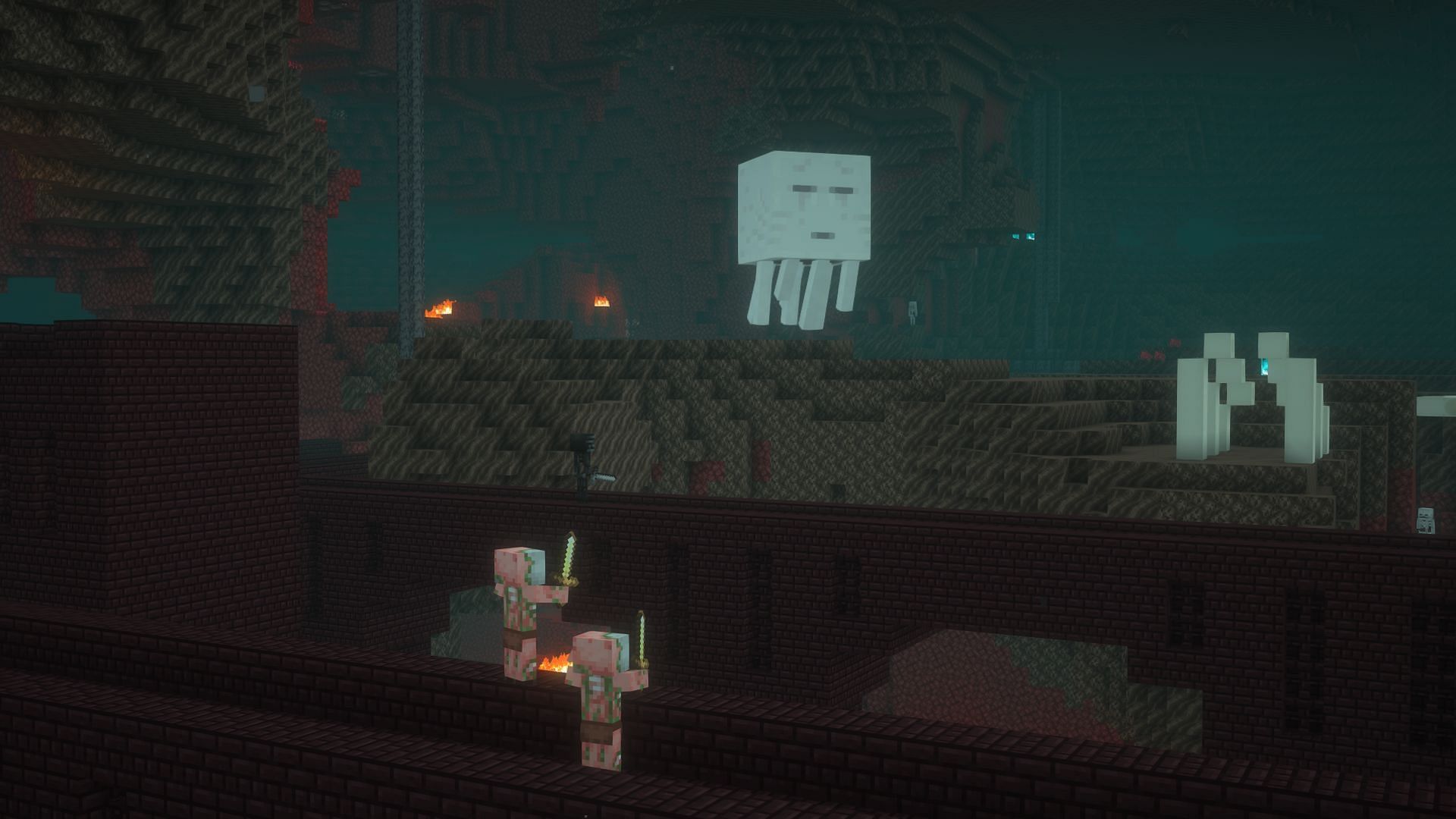 Zombified piglins and a ghast in the nether (Image via Mojang)