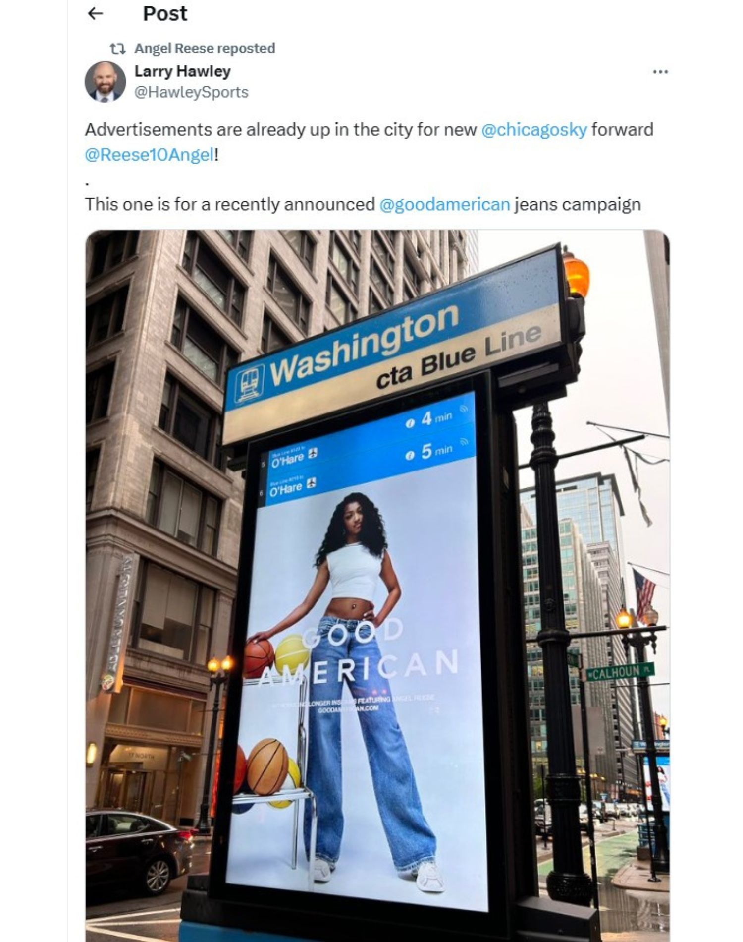 Angel Reese reposted a photo of an ad for her Good American denim campaign