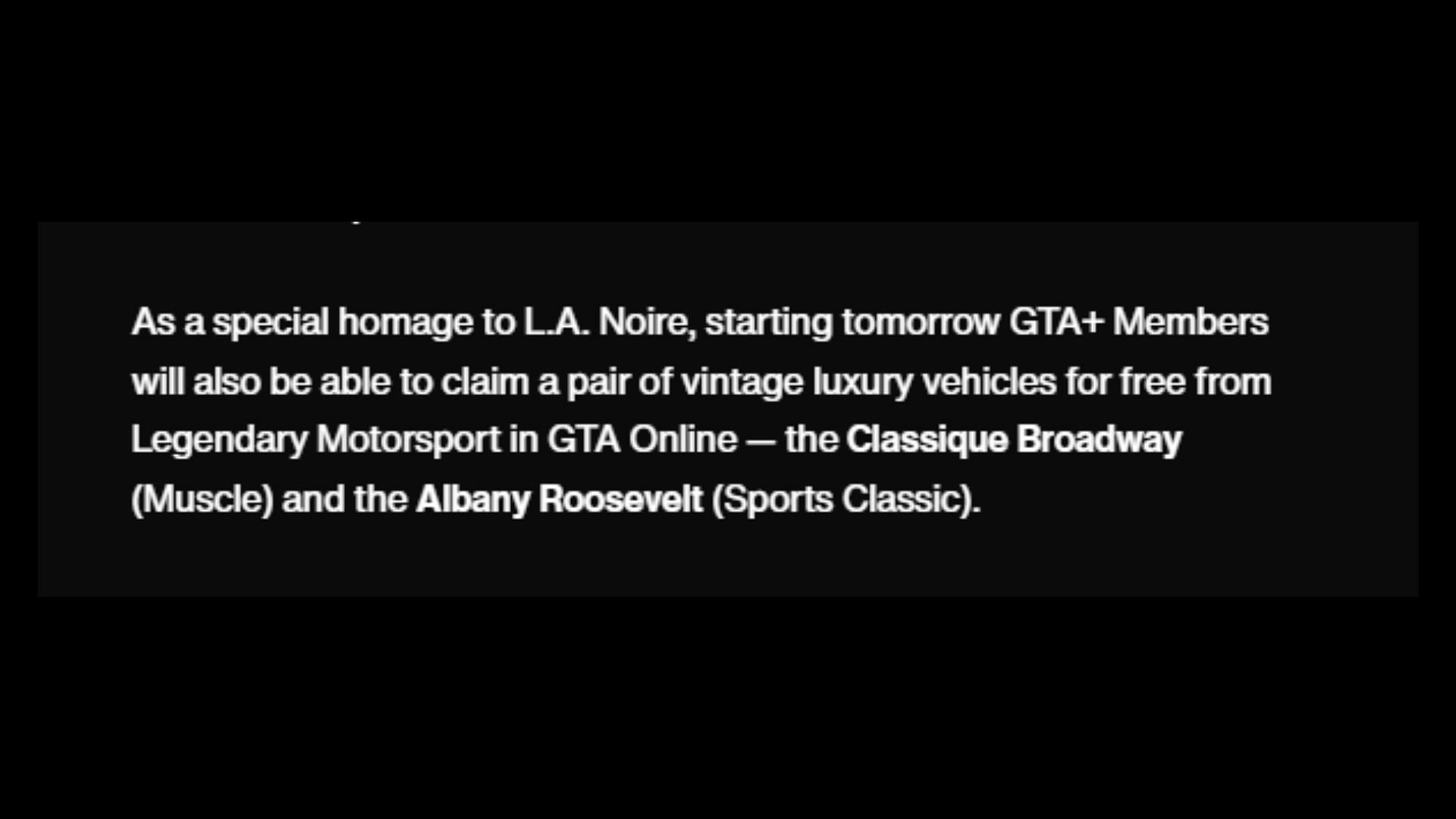 Confirmation of this month&#039;s two free cars for GTA+ members (Image via Rockstar Games)
