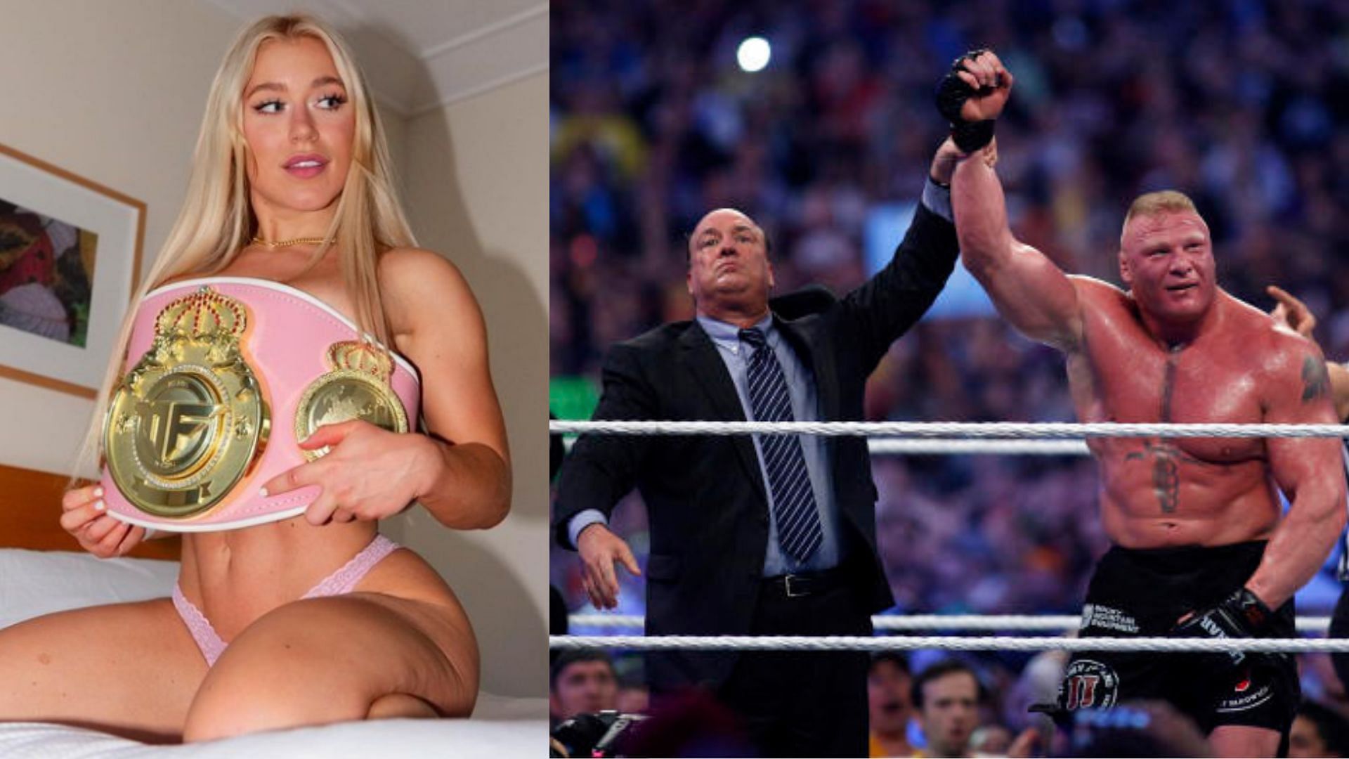 When Elle Brooke (left) revealed she once contacted Brock Lesnar &amp; Paul Heyman (right) to try and secure a ring walk [Images courtesy of @thedumbledong &amp; Getty Images]