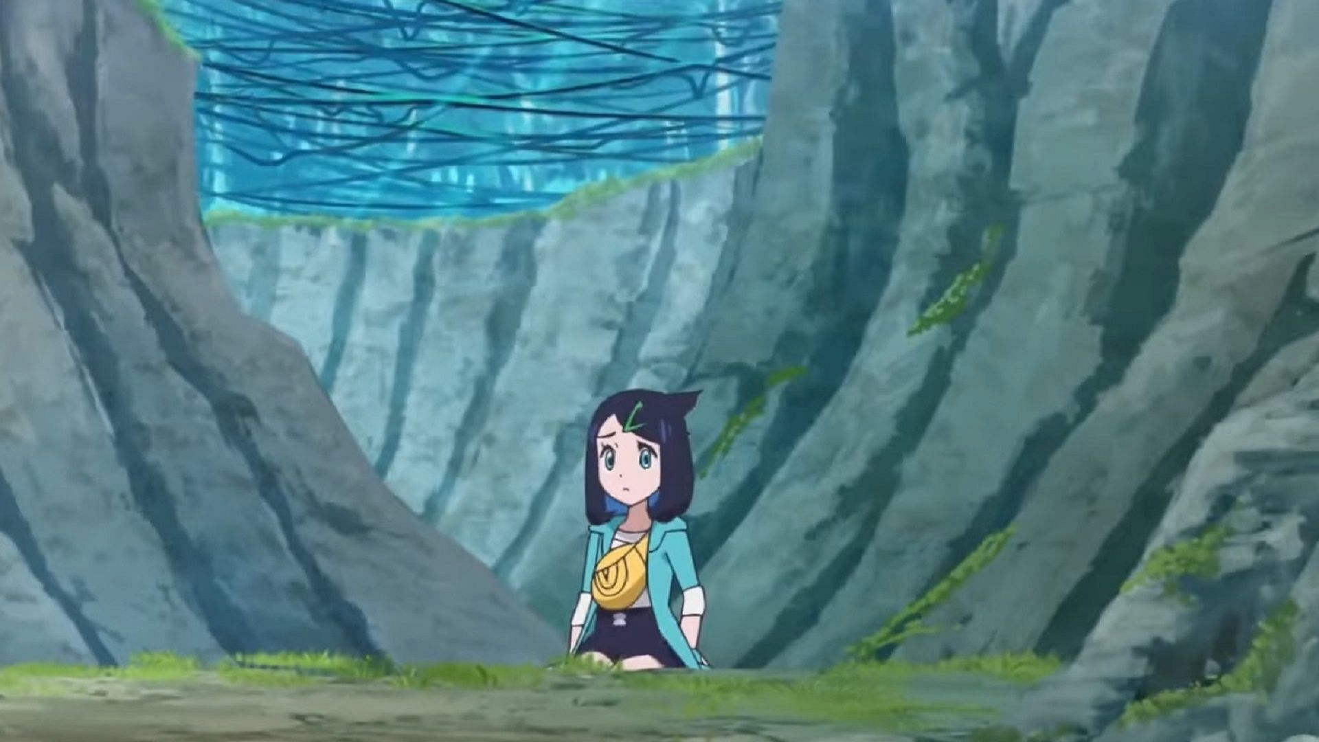 Liko falls into a viny ravine in Pokemon Horizons Episode 51 (Image via The Pokemon Company)