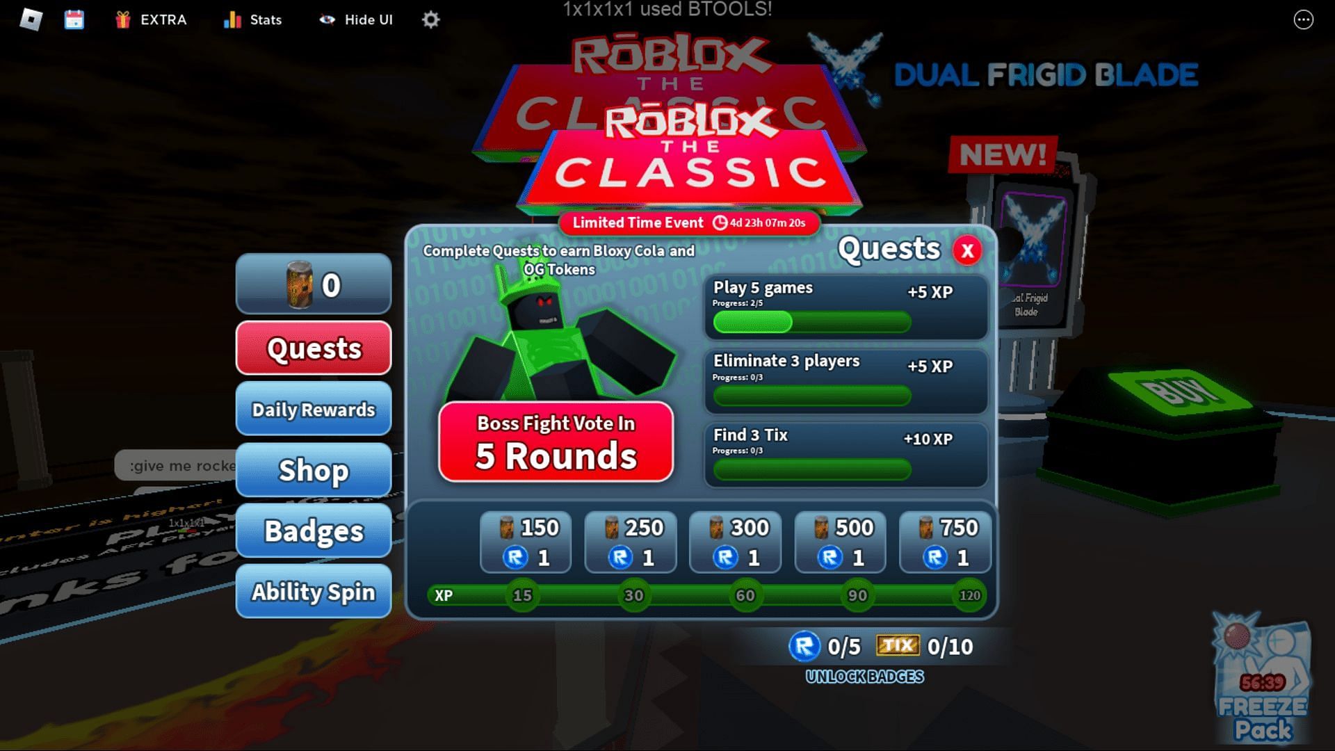 Screenshot of the quests in The Classic event in Blade Ball (Image via Roblox)