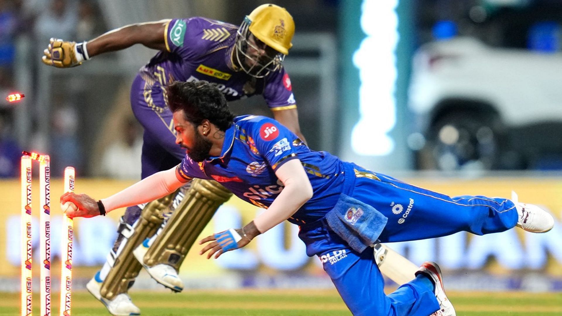 Mumbai Indians skipper Hardik Pandya did a great job of dislodging the bails in time