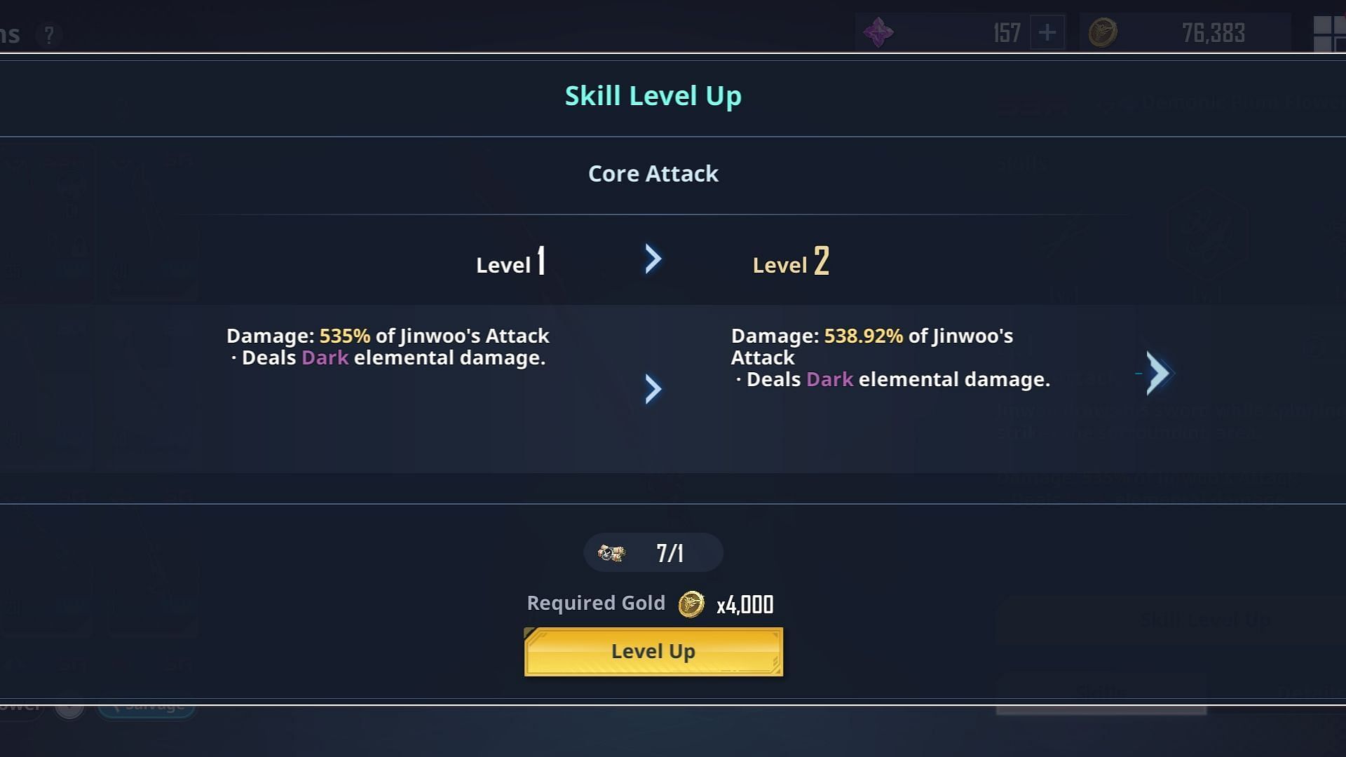 You can level up individual skills of Jinwoo&#039;s SSR weapons with Skill Scrolls. (Image via Netmarble)