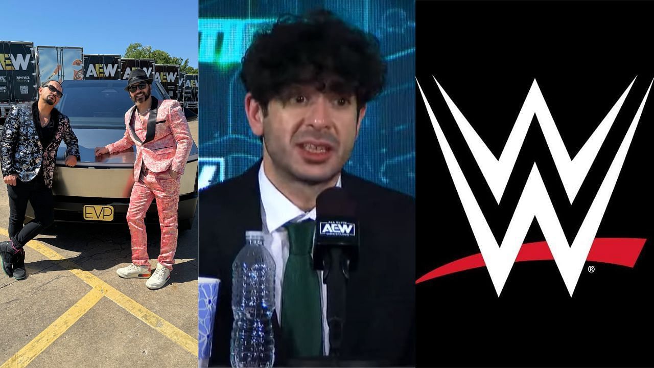 Young Bucks (left), Tony Khan (center) and WWE logo (right)