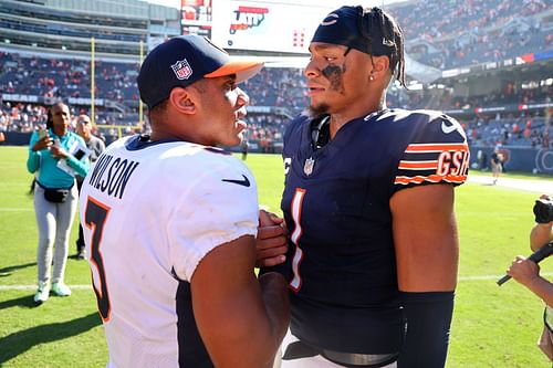 Russell Wilson, left, Justin Fields, right during Denver Broncos v Chicago Bears