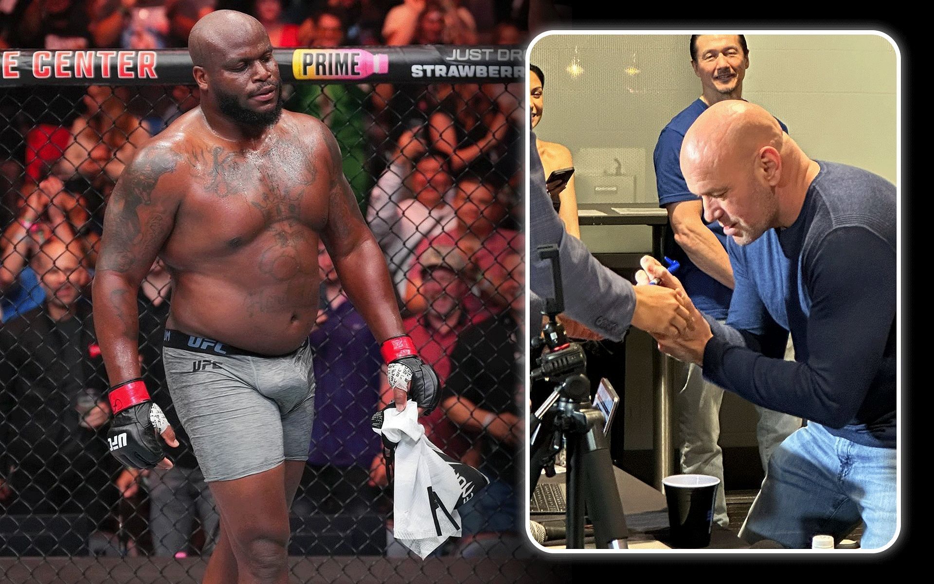 Derrick Lewis (left) threw his protective cup/groin guard outside the octagon while celebrating his win at UFC St. Louis; Dana White (right) later signed the cup [Images courtesy: @ufc_brasil on Instagram and @DC4213 on X]