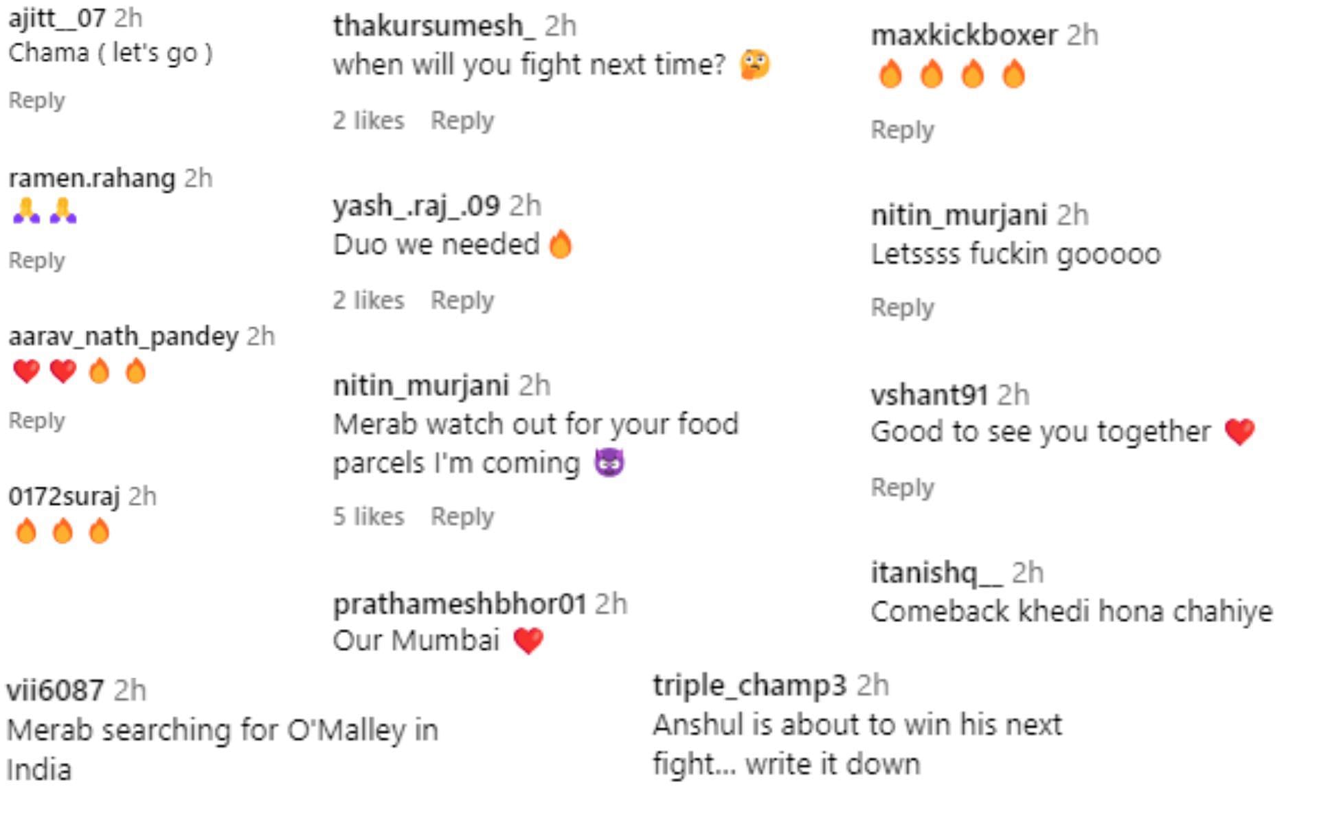 Screenshot of fans reacting to Dvalishvili alongside Anshul Jubli in Mumbai