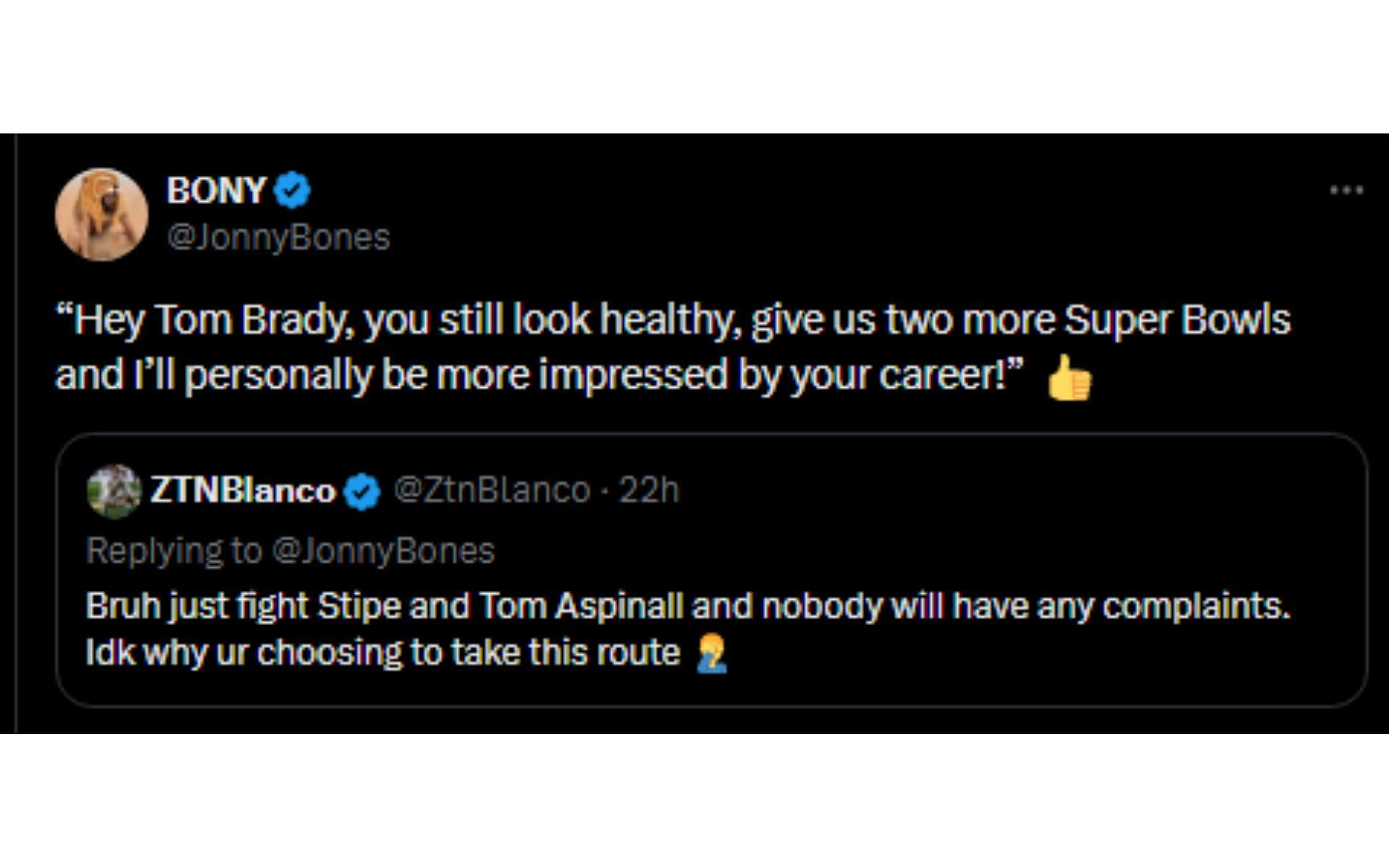 Jones' tweet comparing himself to Brady [Image courtesy: @JonnyBones - X]