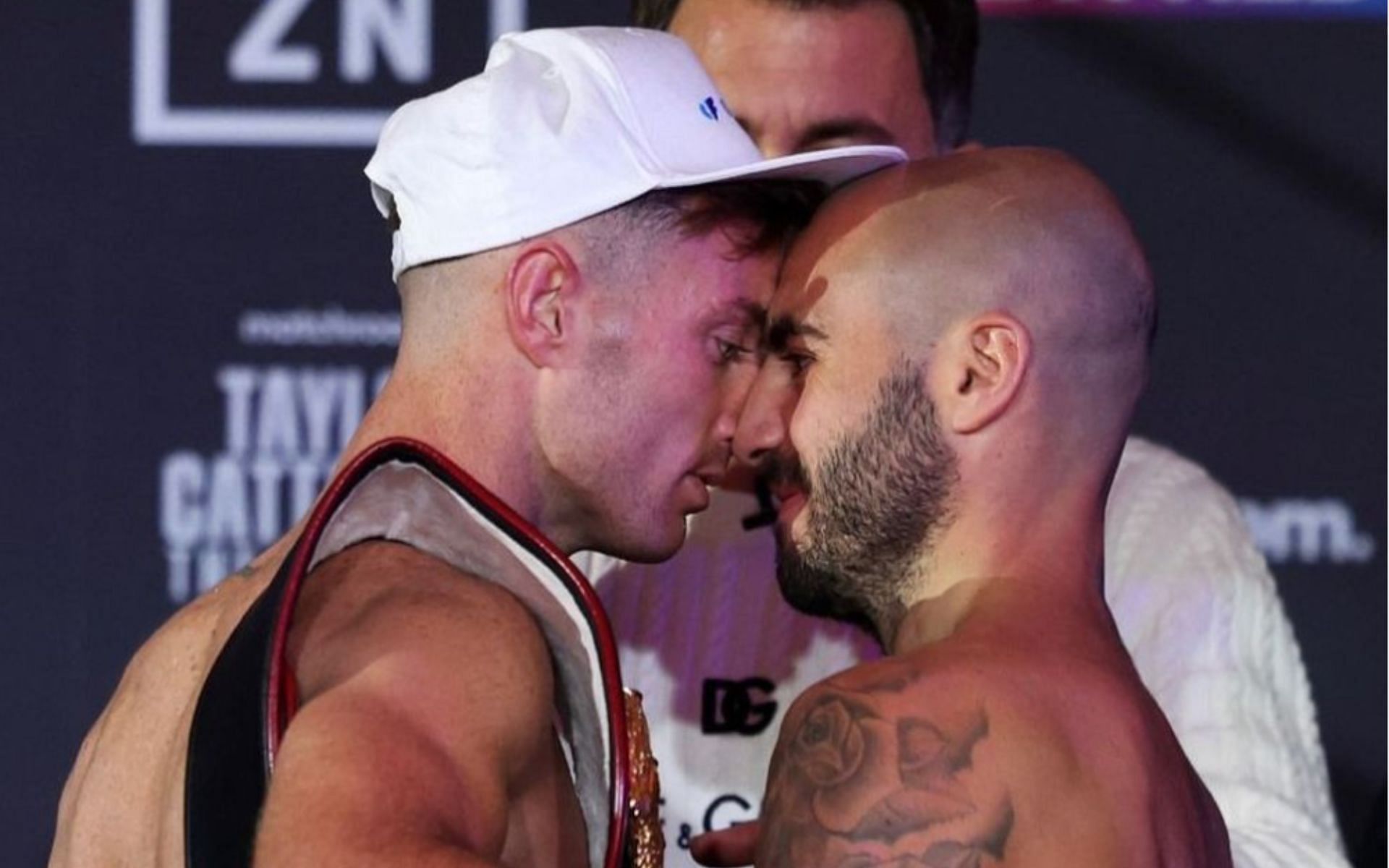 Paddy Donovan (left) and Lewis Ritson (right) engage in heated face-off ahead of their May 25 bout [Photo Courtesy @daznboxing on Instagram]