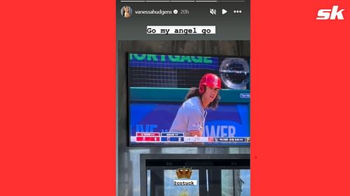 Vanessa Hudgens supported her husband Cole Tucker from home during the Angels' game against the Guardians on Sunday.