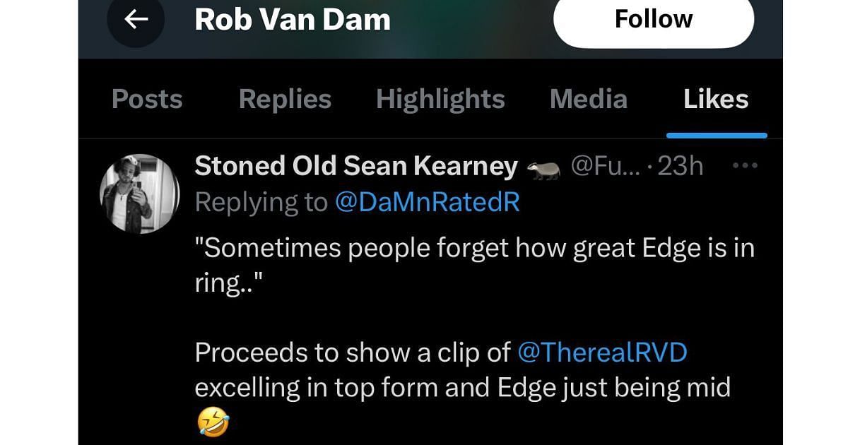 RVD liked the tweet taking a shot at Adam Copeland