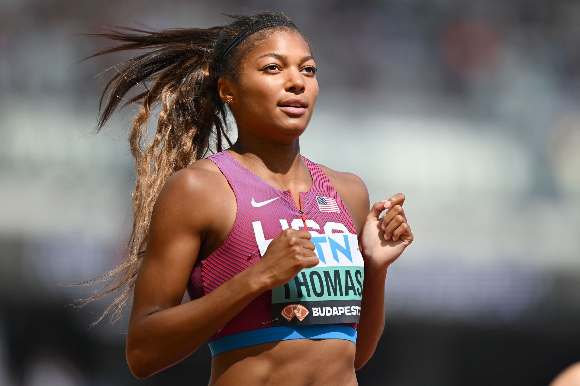 Gabby Thomas of Team United States competes in the Women&#039;s 200m Heats during the 2023 World Athletics Championship in Budapest, Hungary.
