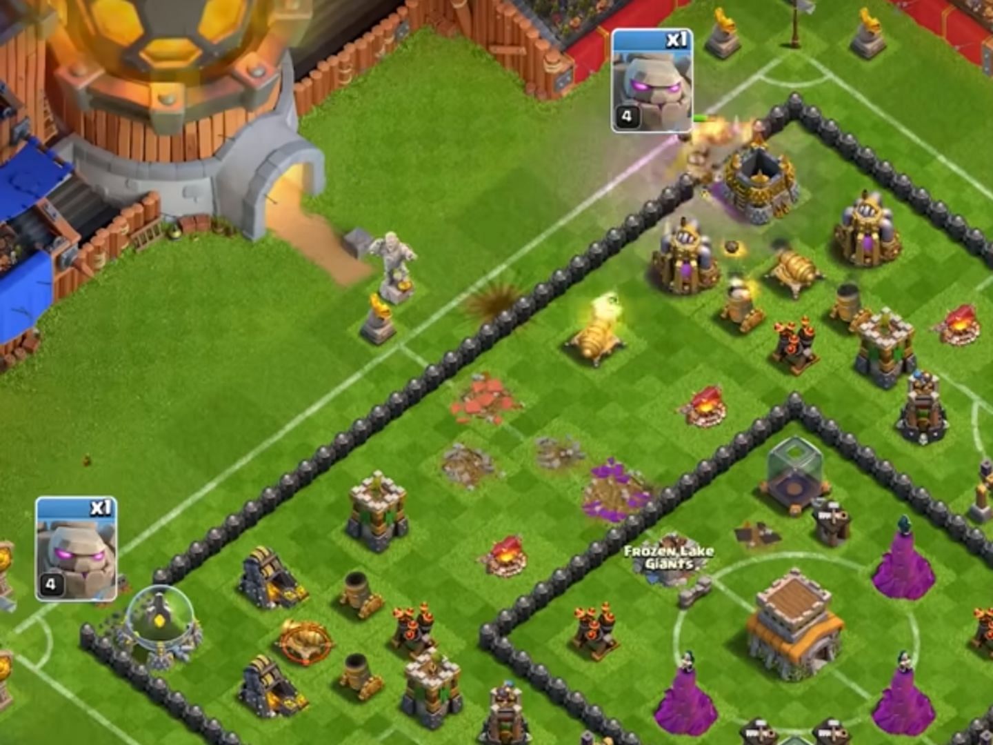 Golems are deployed at two corners of the base (Image via Judo Sloth Gaming/YouTube || Supercell)