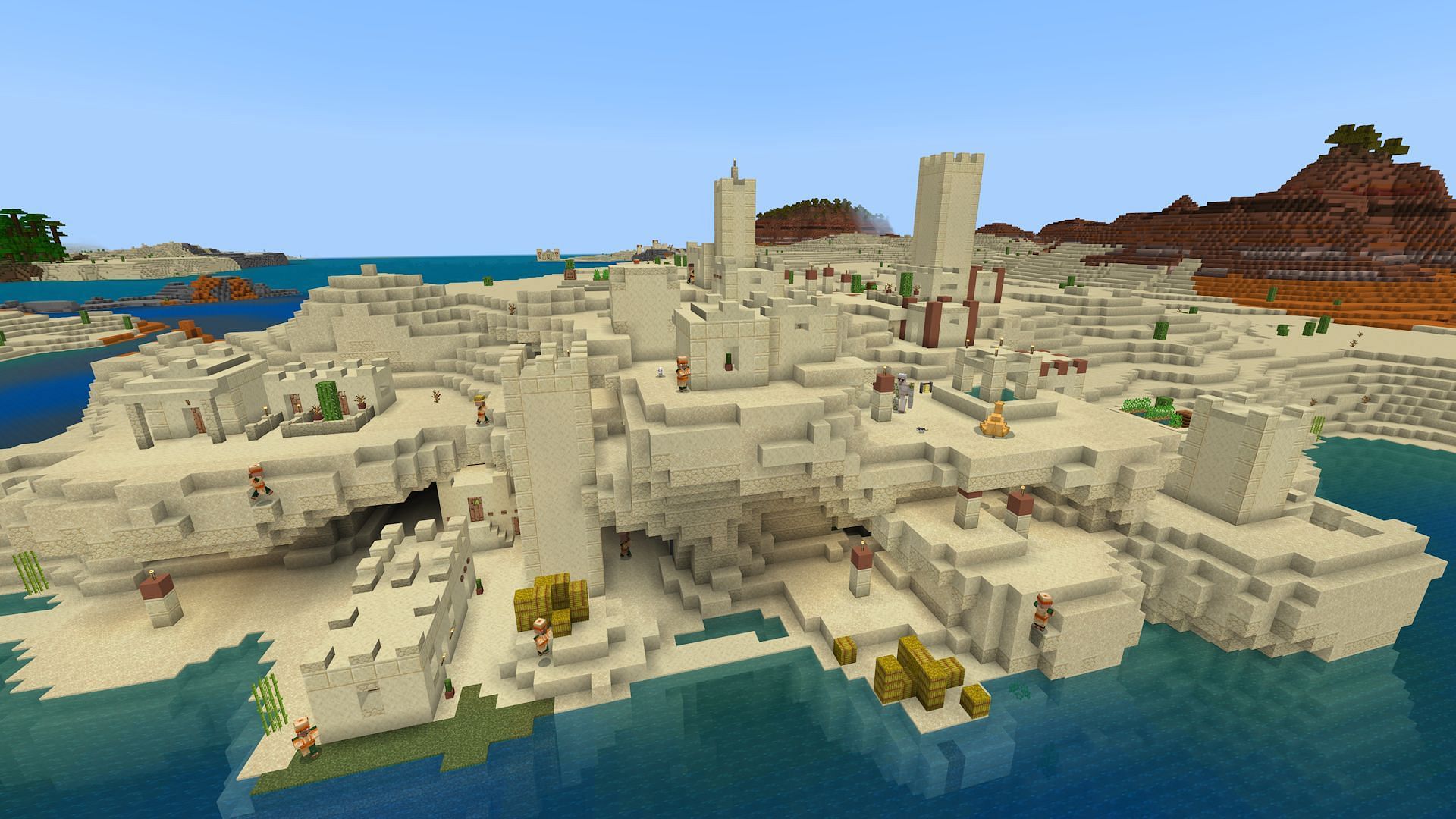 A village and desert temple found on this Minecraft Bedrock survival seed (Image via Mojang)
