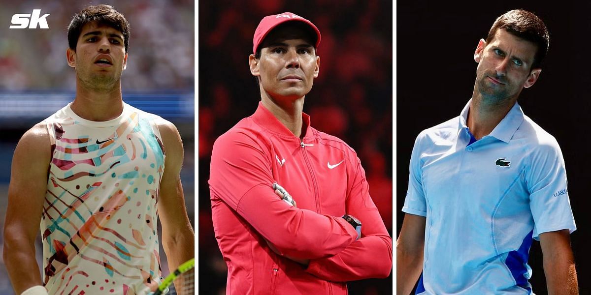 Carlos Alcaraz (L), Rafael Nadal (middle) and Novak Djokovic (R)