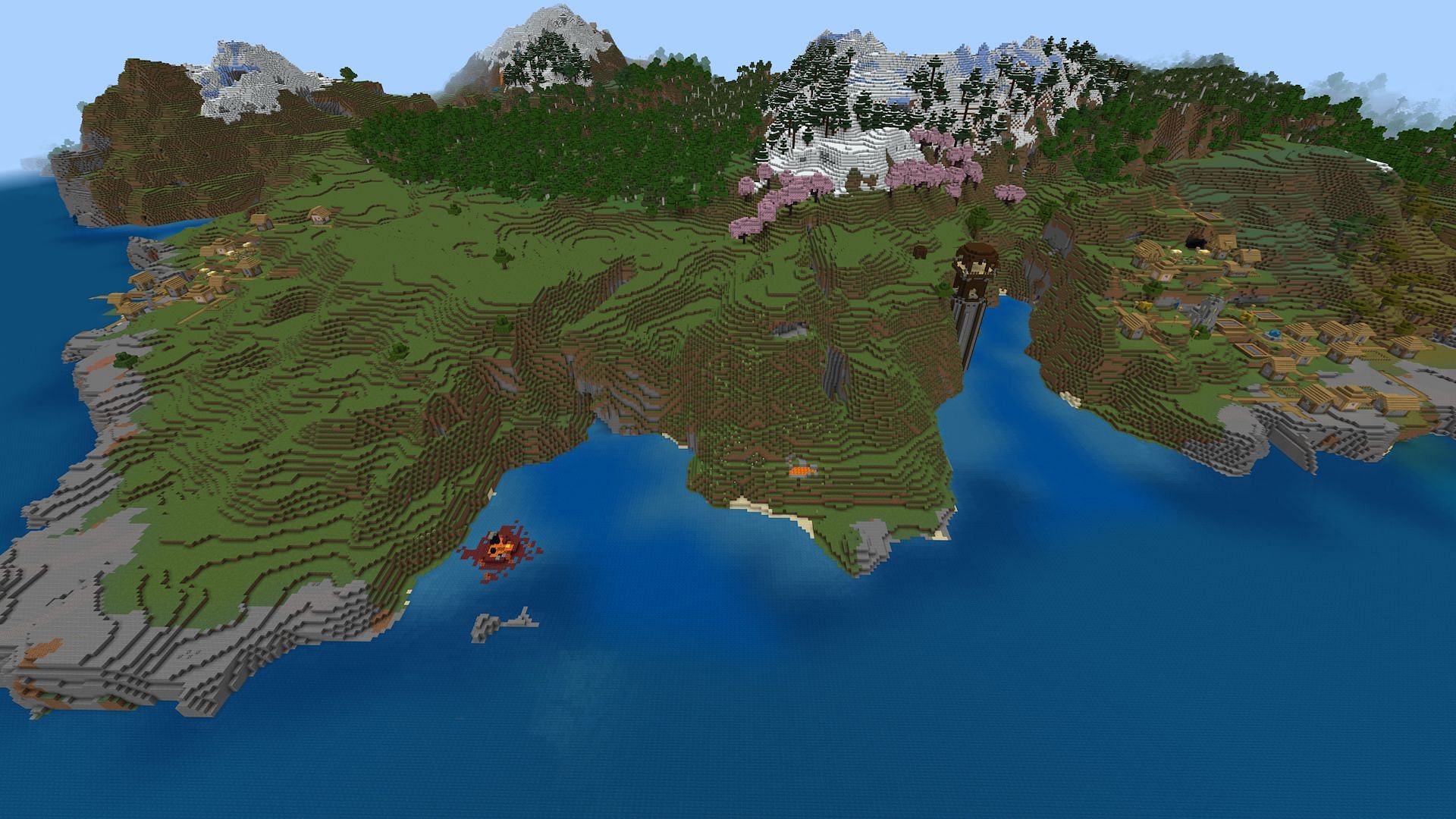 This seed has quite a structure filled spawn area (Image via Mojang)