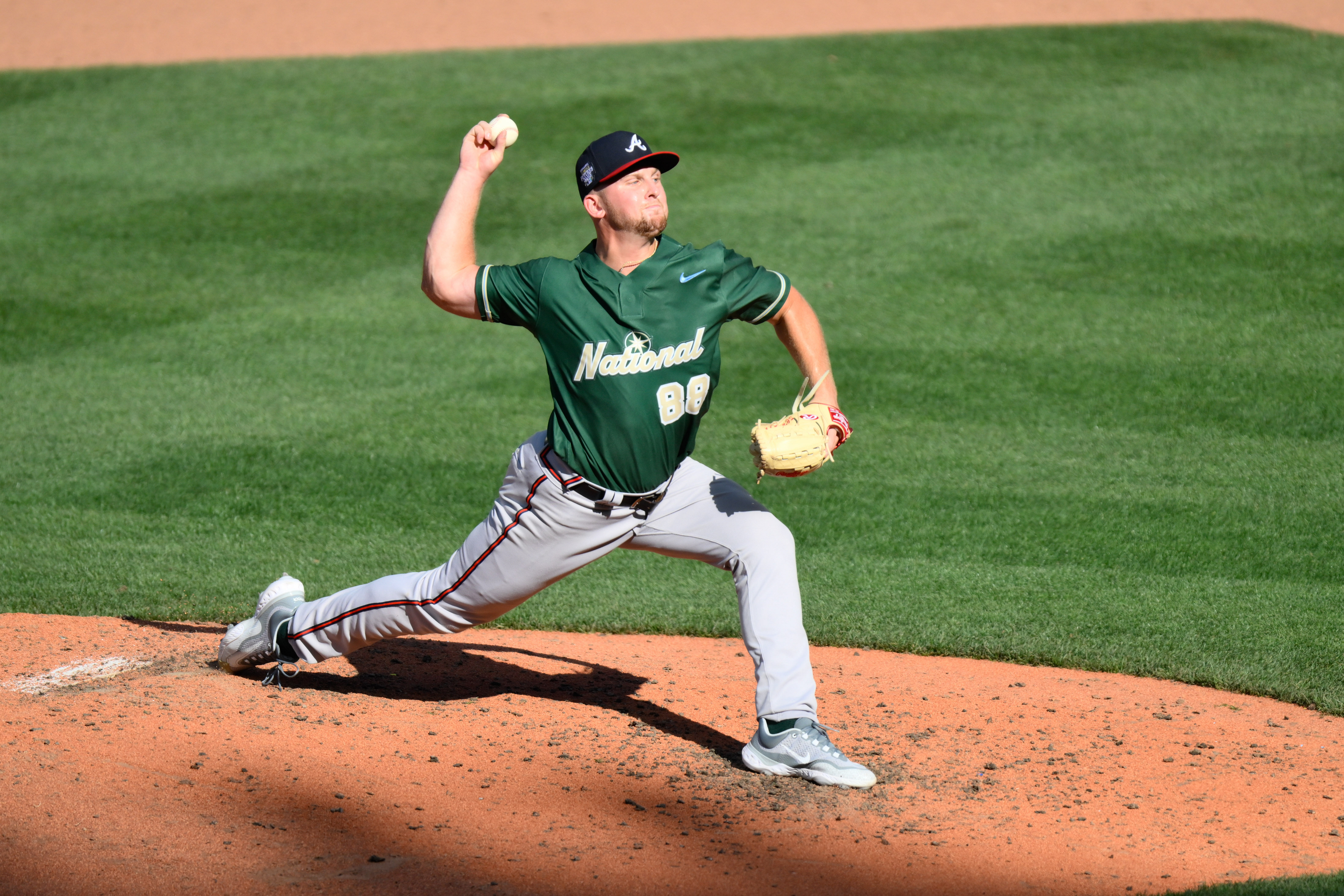 Once a shortstop, Spencer Schwellenbach became a closer at Nebraska. He&#039;s shown here pitching in the 2023 MLB Futures Game.