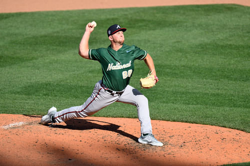 Once a shortstop, Spencer Schwellenbach became a closer at Nebraska. He's shown here pitching in the 2023 MLB Futures Game.