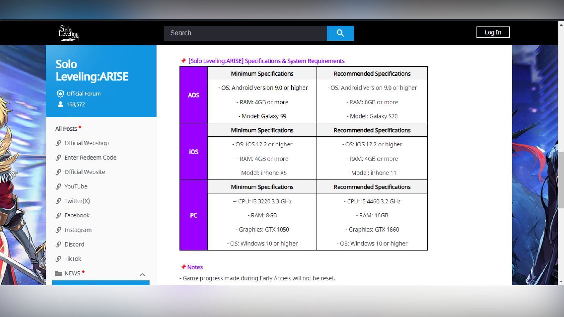 Details about Solo Leveling Arise minimum and recommended system requirements. (Image via Netmarble)