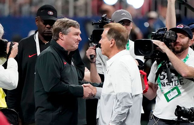 SPOTTED: Alabama legend Nick Saban and Georgia HC Kirby Smart share moment  at Regions Tradition Pro-Ams