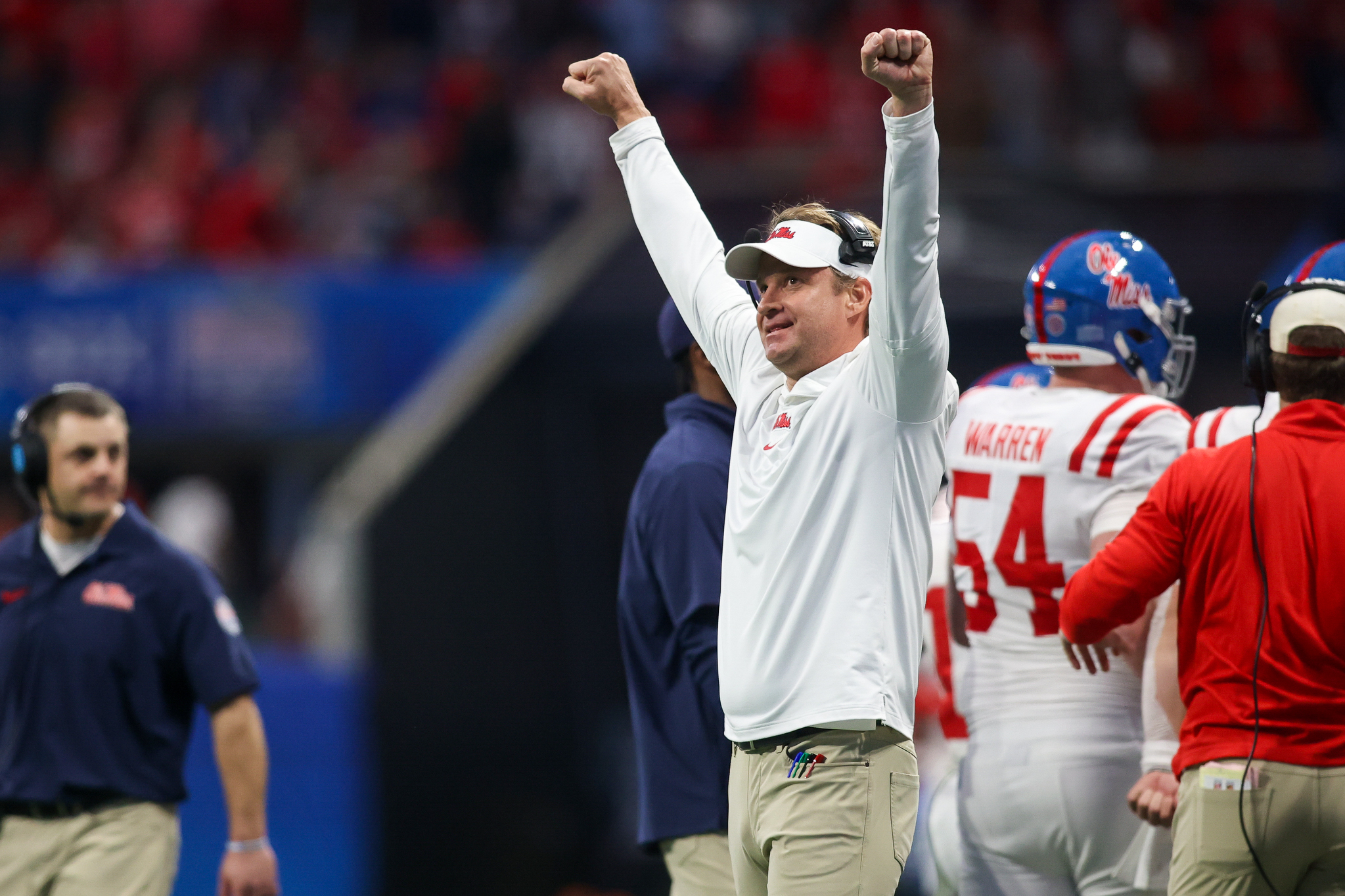 NCAA Football: Peach Bowl-Mississippi at Penn State: Dec 30, 2023; Atlanta, GA, USA; Mississippi Rebels head coach Lane Kiffin celebrates after a touchdown against the Penn State Nittany Lions in the second half at Mercedes-Benz Stadium. Mandatory Credit: Brett Davis-USA TODAY Sports