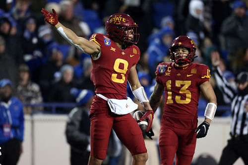 Jayden Higgins celebrates a catch for Iowa State in the Liberty Bowl. He's a top Big 12 receiver for 2024.