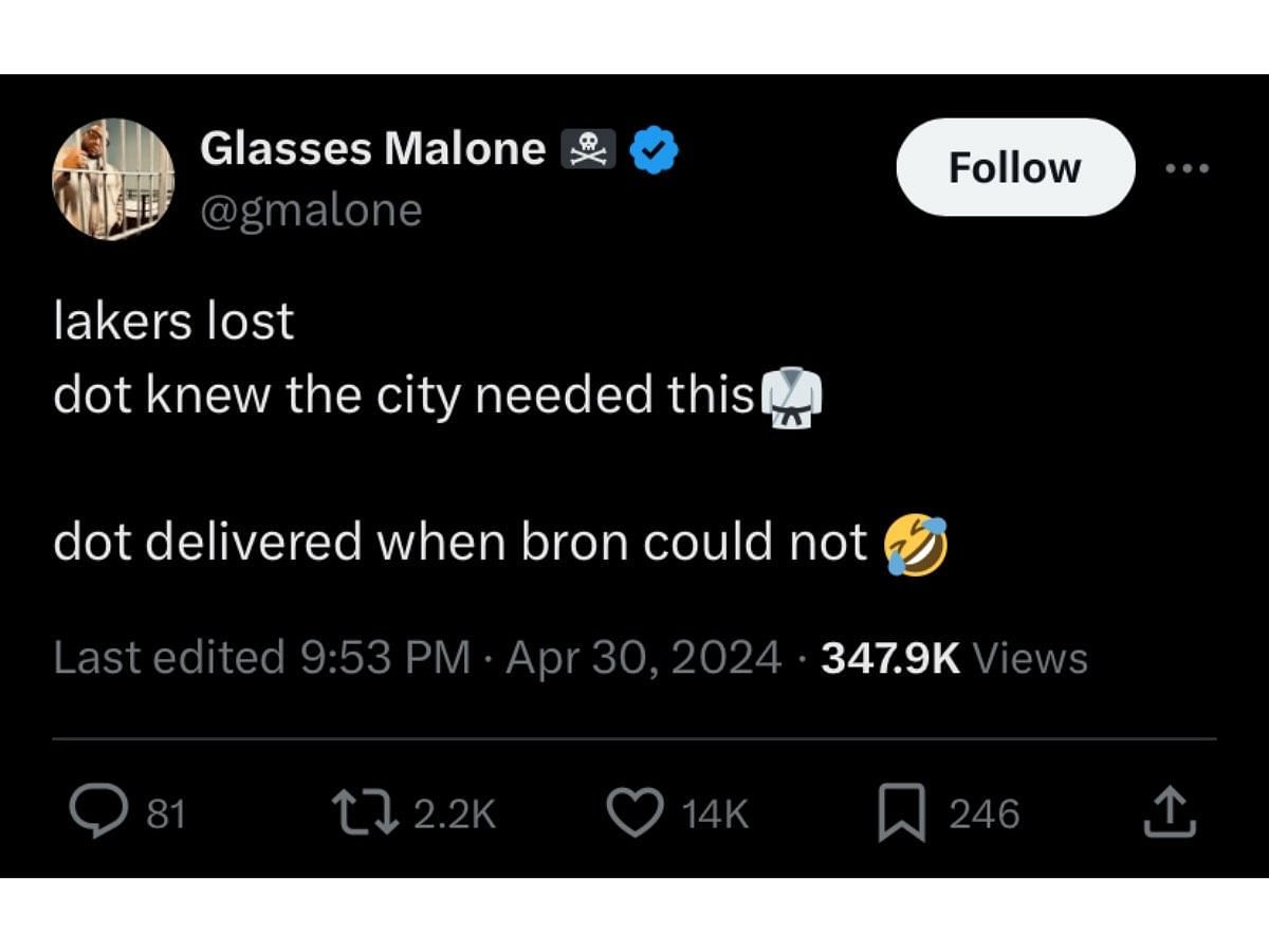 Glasses Malone&#039;s tweet taking Kendrick&#039;s side (Image via X/@gmalone)