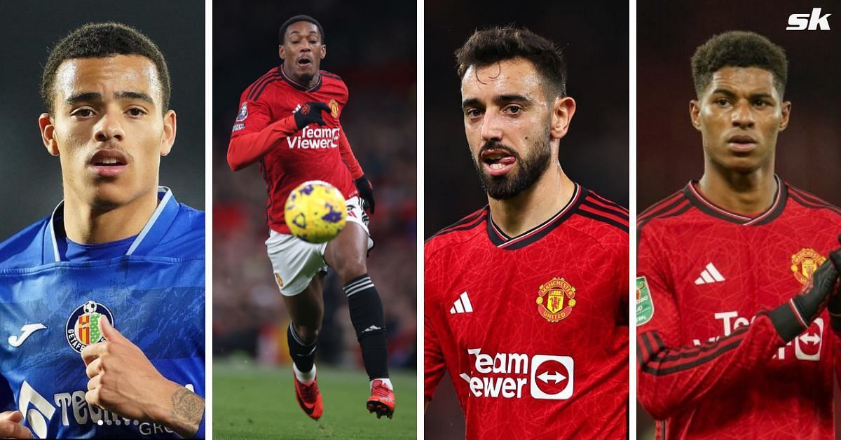 Mason Greenwood (left),Anthony Martial, Bruno Fernandes, and Marcus Rashford