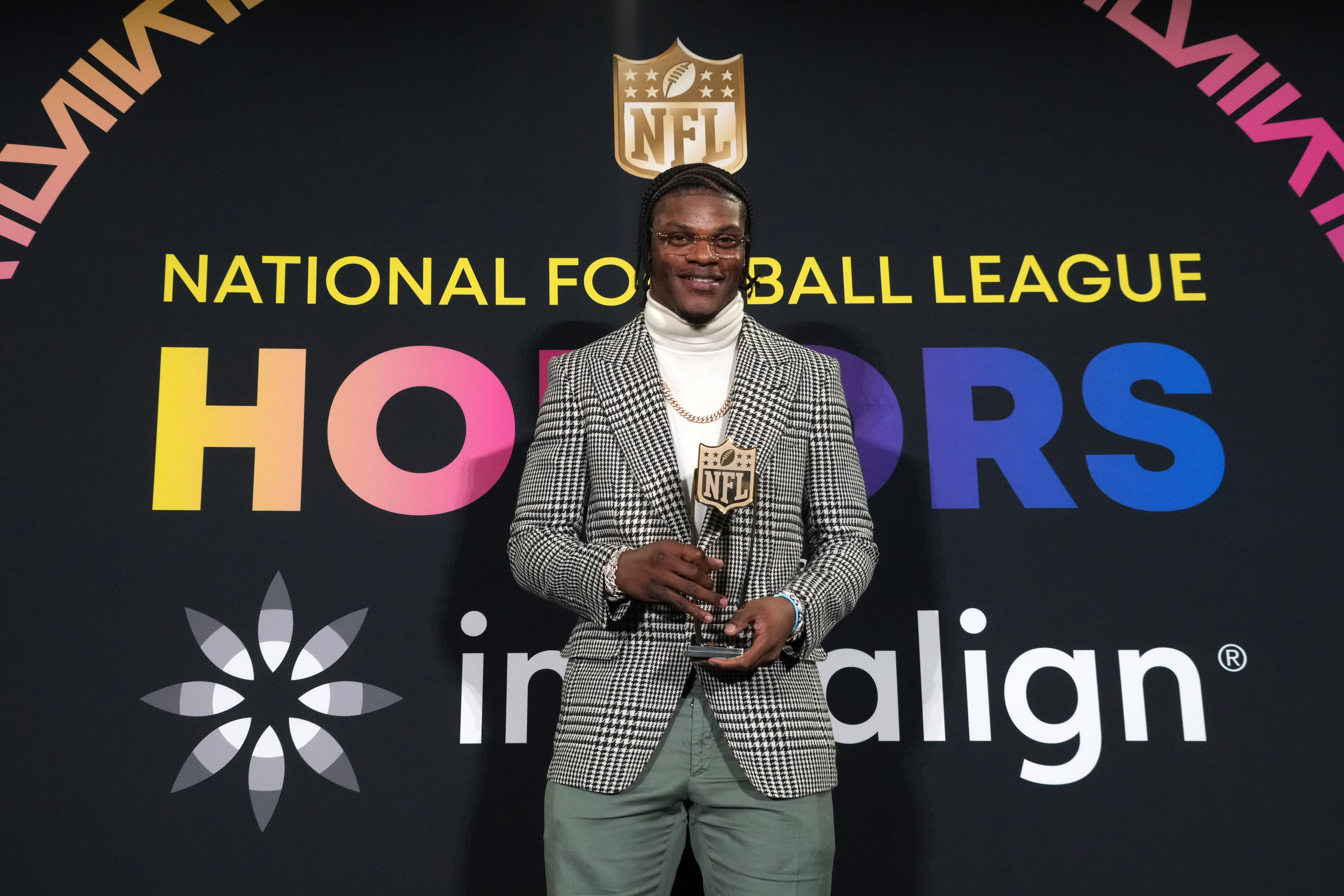 Lamar Jackson at NFL: Super Bowl LVIII-Hall of Fame Class of 2024 Press Conference - Courtesy of Kirby Lee-USA TODAY Sports