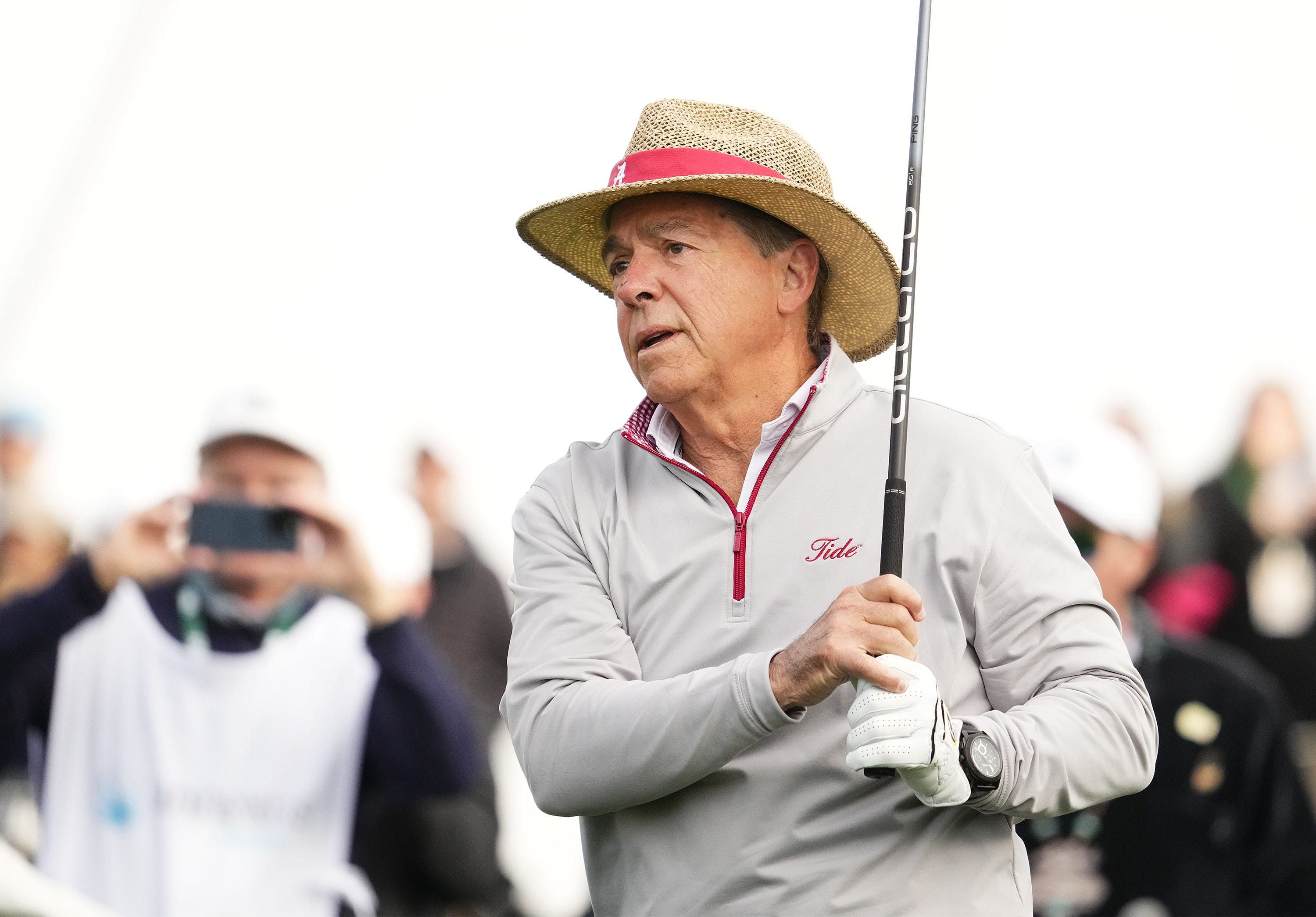 Former Alabama coach Nick Saban plays his tee shot on the 10th hole during the Annexus Pro-Am.