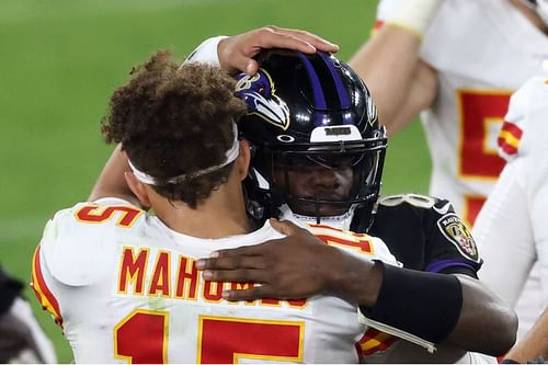 Lamar Jackson and Patrick Mahomes during Kansas City Chiefs v Baltimore Ravens