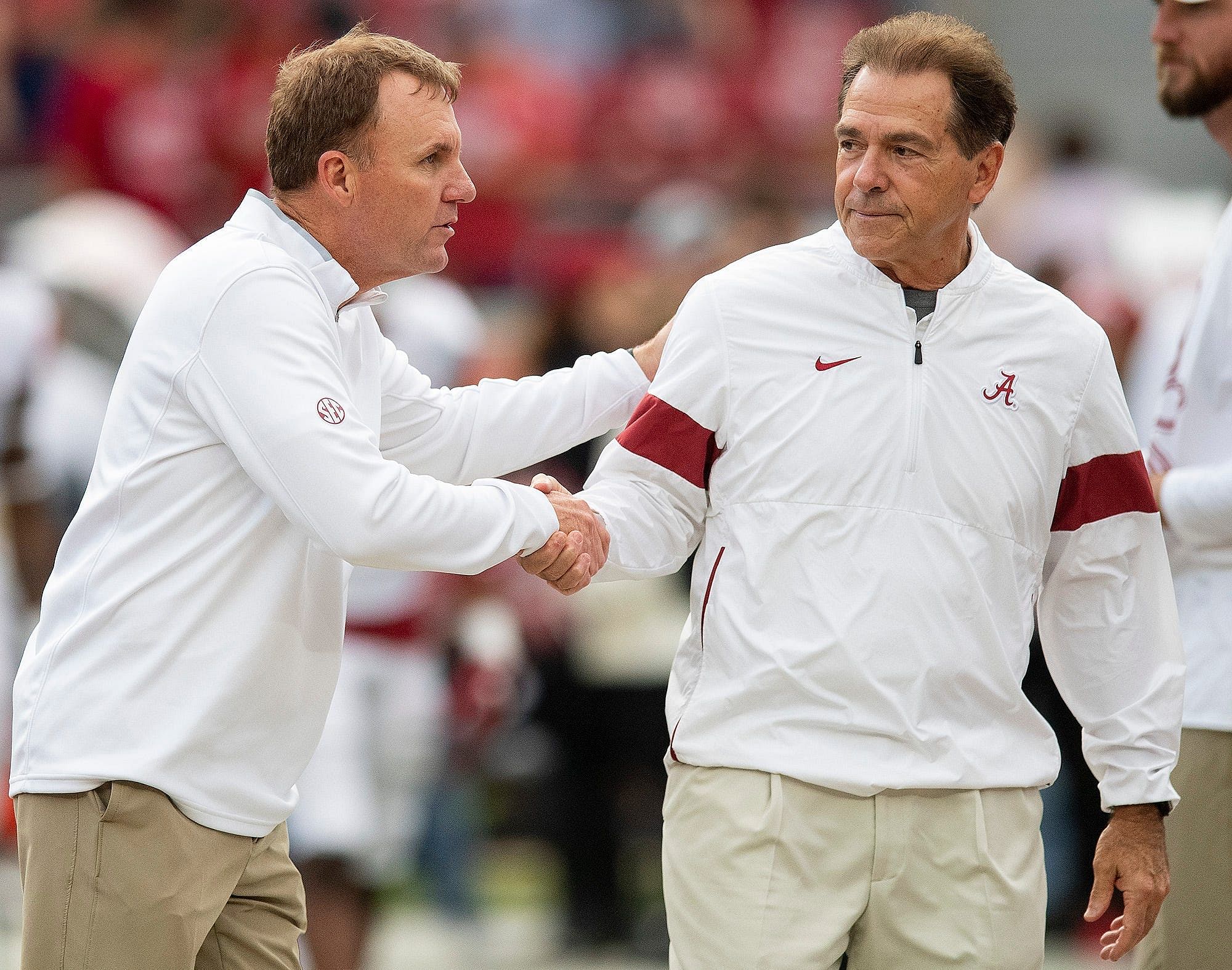 Syndication: Austin American-Statesman: Arkansas head coach Chad Morris and Alabama head coach Nick Saban before their game at Bryant-Denny Stadium in Tuscaloosa, Ala., on Saturday, October 26, 2019.