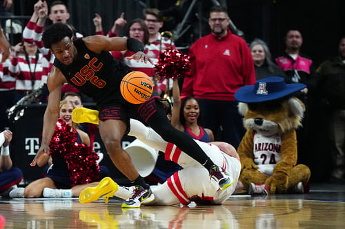 Bronny James hustles for the loose ball in a Pac-12 Tournament game.