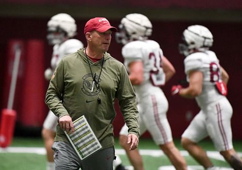 Syndication: Tuscaloosa News: April 9, 2024; Tuscaloosa, Alabama, USA; Alabama head coach Kalen DeBoer coaches his team during practice in the Hank Crisp Indoor Practice Facility at the University of Alabama.