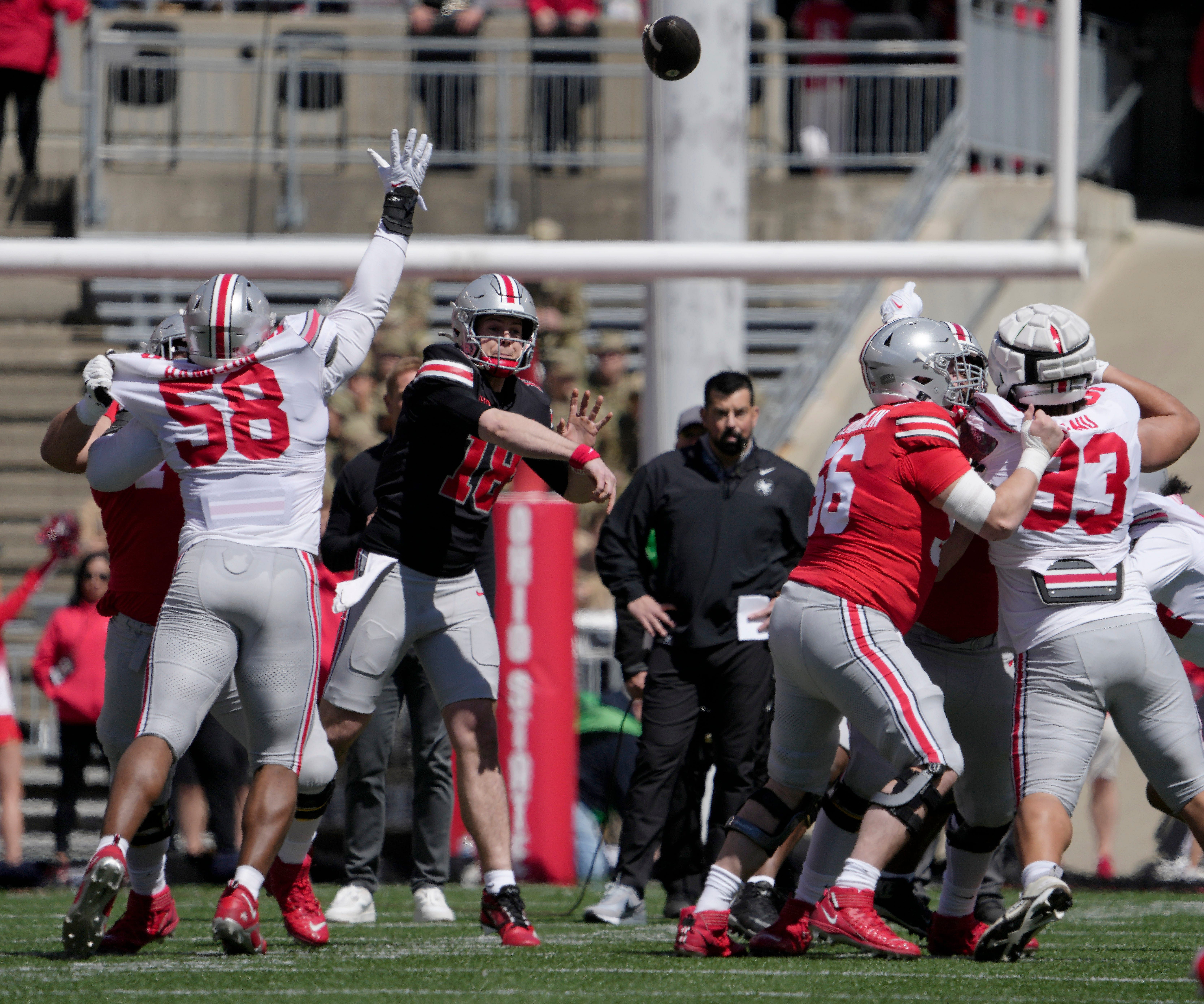 Quarterback Will Howard throwing during Ohio State's spring game in 2024