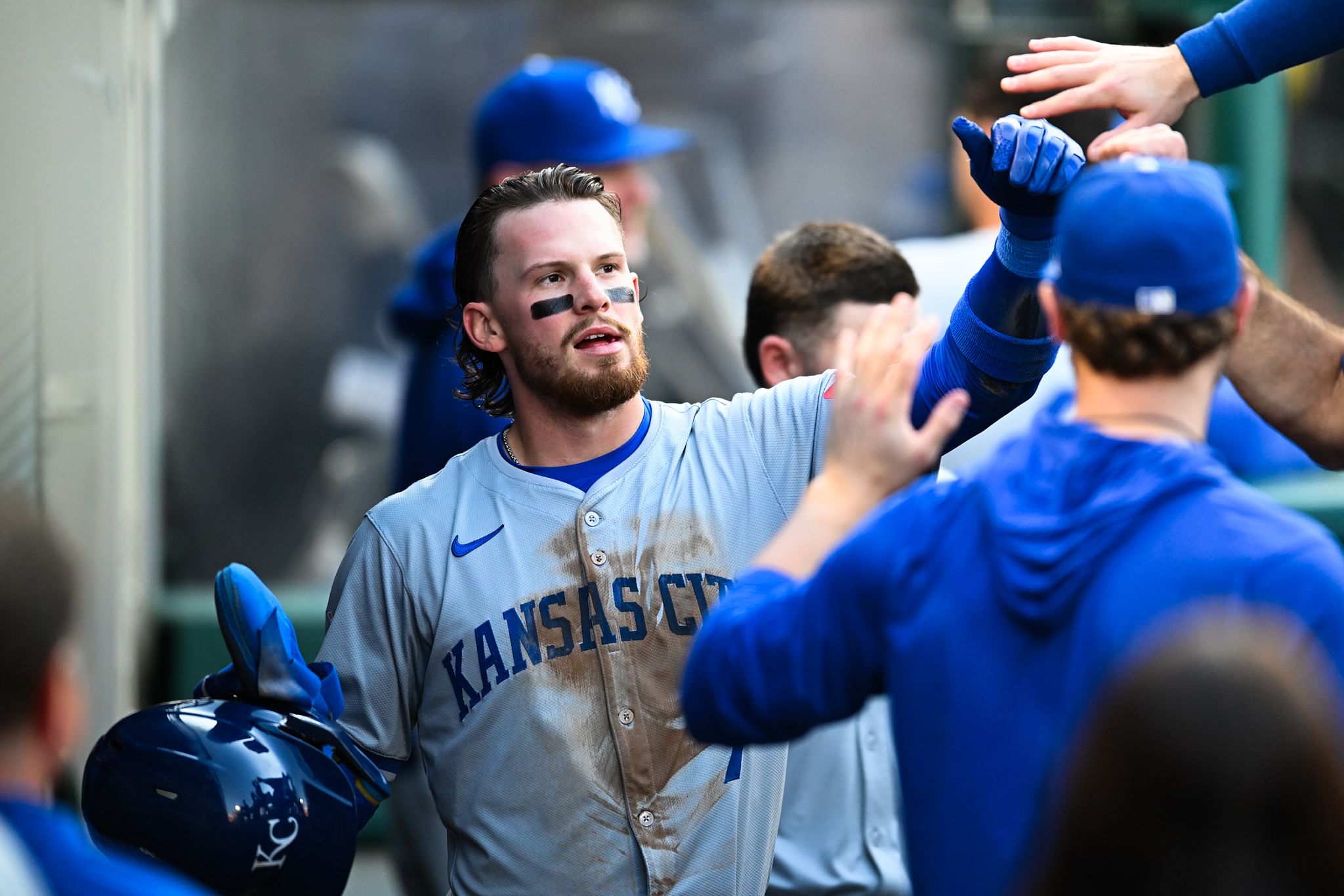 MLB: Kansas City Royals&#039; Bobby Witt Jr. celebrates in the dugout