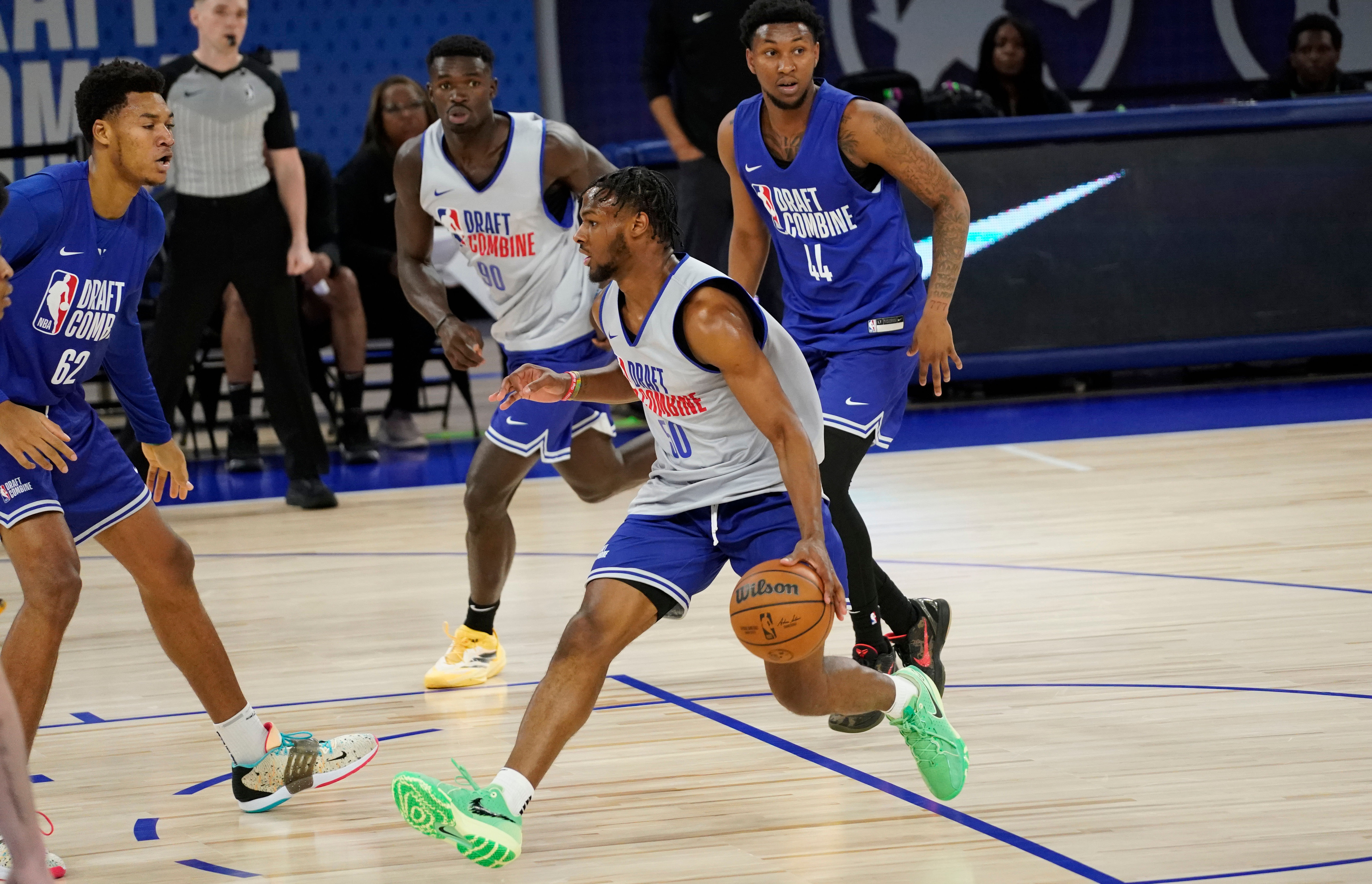 Bronny James dribbles the ball on the second day of the NBA Draft Combine scrimmage on Wednesday.