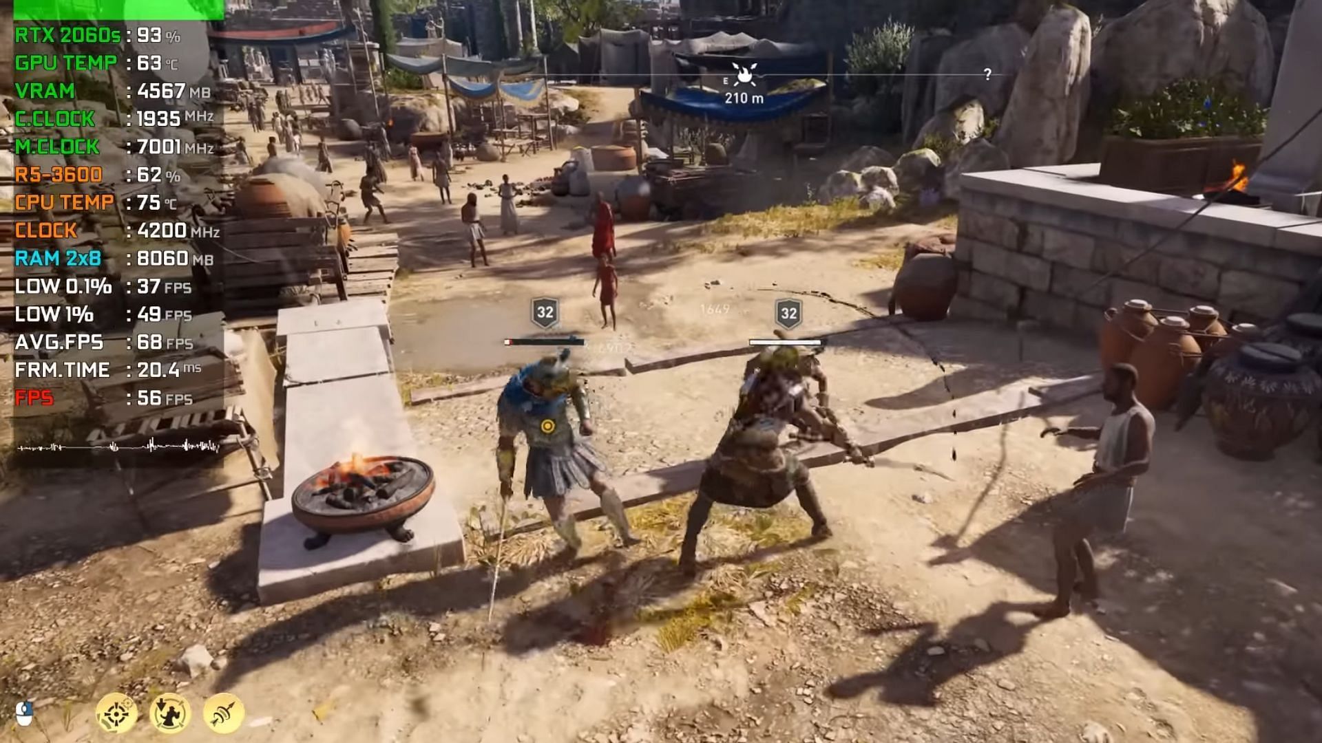 Performance at 2K resolution dips below 60 FPS during combat in AC Odyssey (Image via Ubisoft || YouTube @Gentleman)