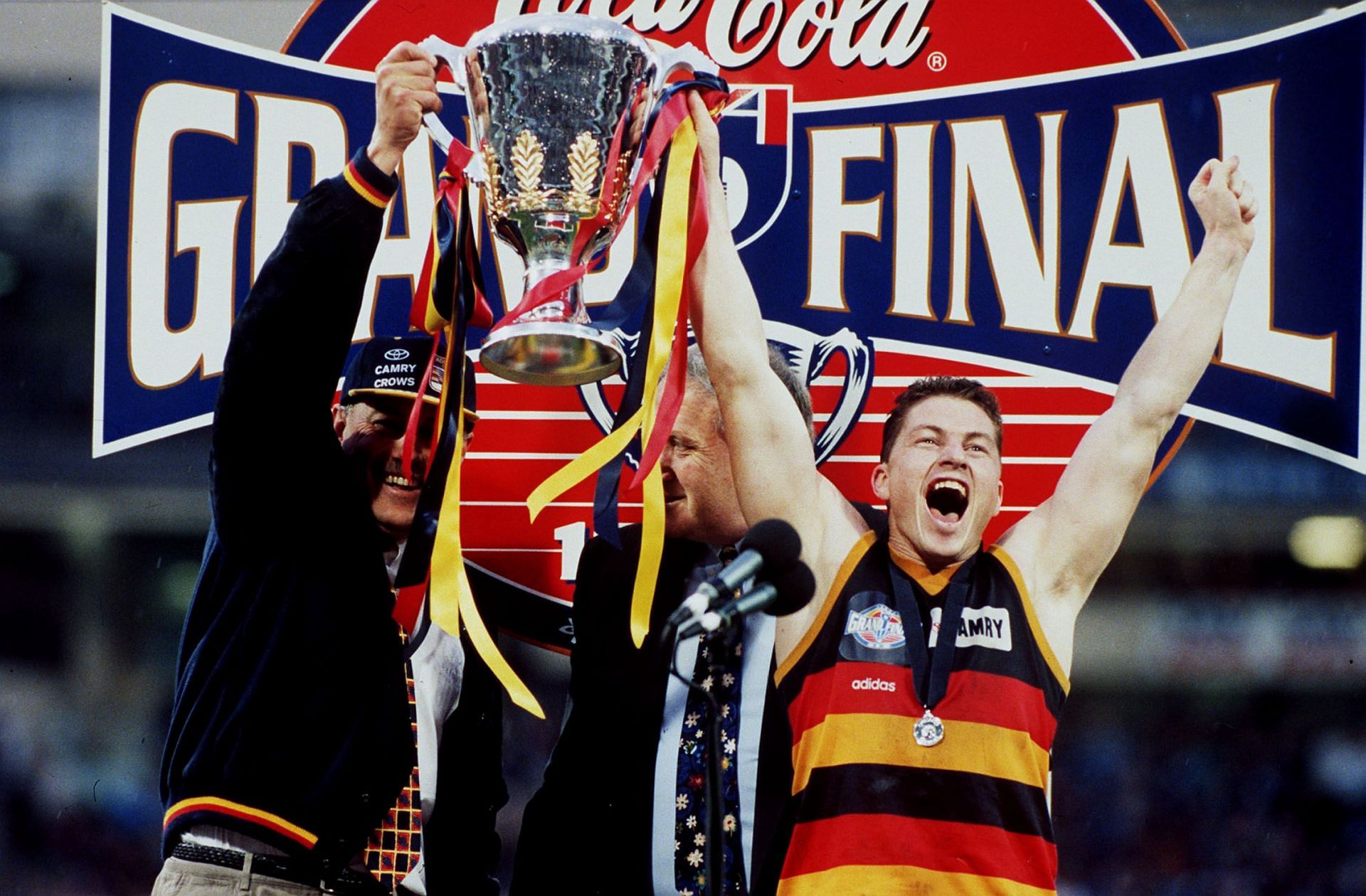 Malcolm Blight, Coach and Captain, Mark Bickley of Adelaide celebrate their win in the AFL Grand Final match