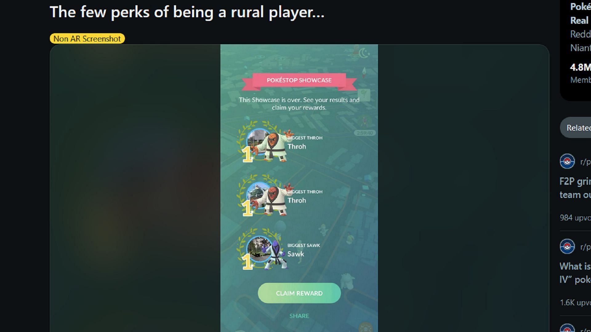 Easily beating Pokestop Showcases is one upside to rural environments in Pokemon GO (Image via u/Galarianzapdos/Reddit)
