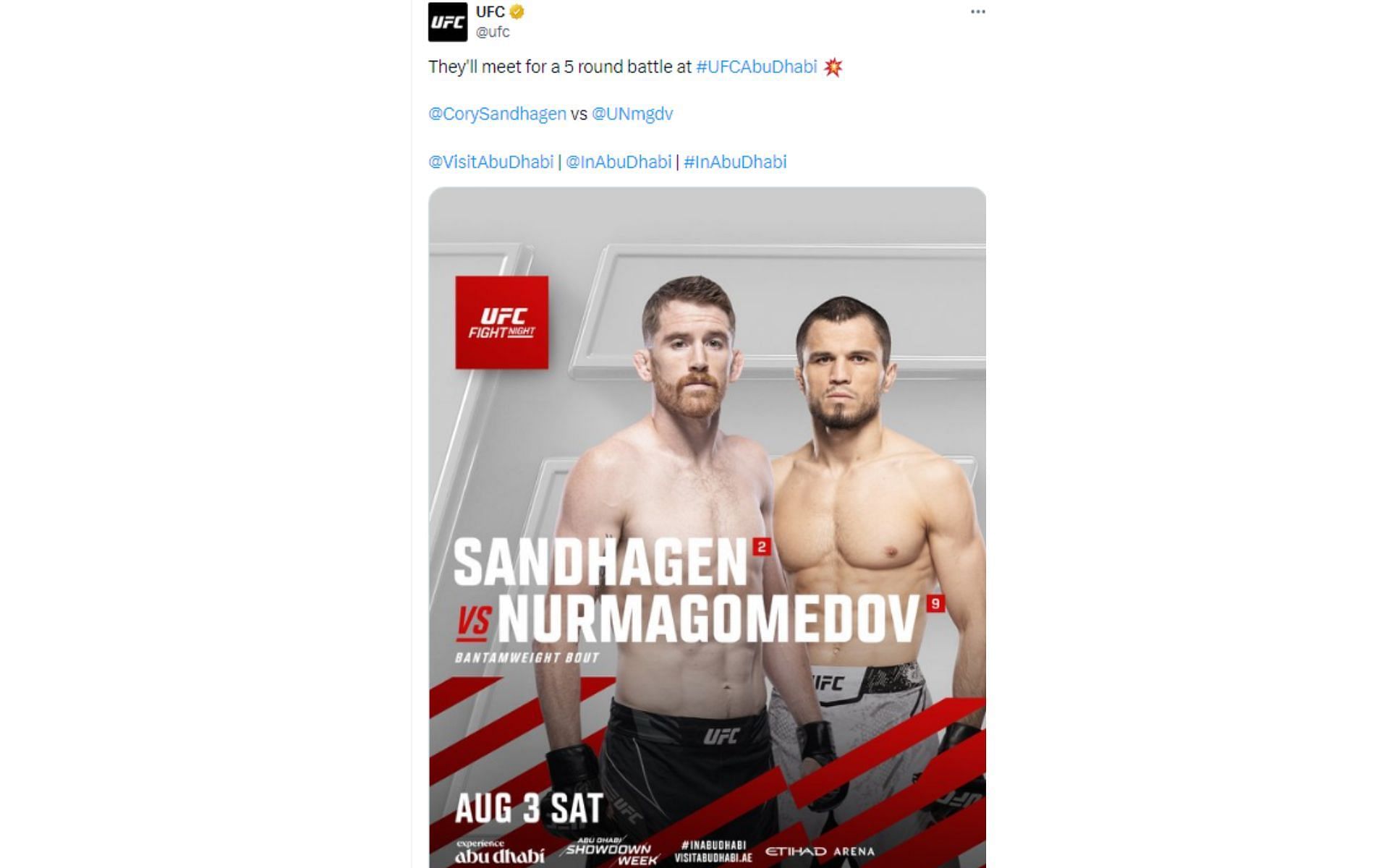 UFC&#039;s tweet announcing Sandhagen vs. Nurmagomedov [Image courtesy: @UFC - X]