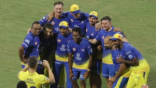 Members of CSK's coaching setup click a group picture after team's IPL 2018 title win