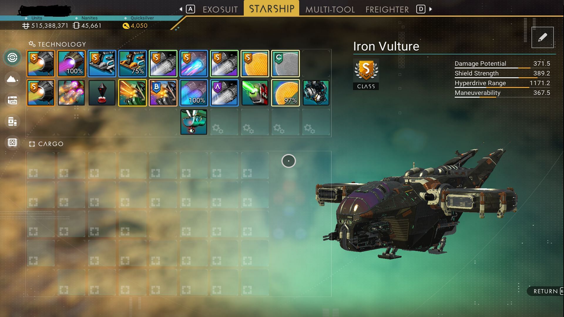 Inventory view of the Iron Vulture Hauler spaceship in NMS (Image via Hello Games)