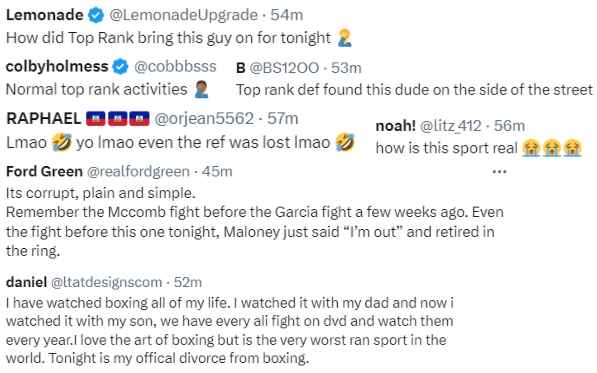 Screenshot of fan reactions to Top Rank Boxing&#039;s post on X