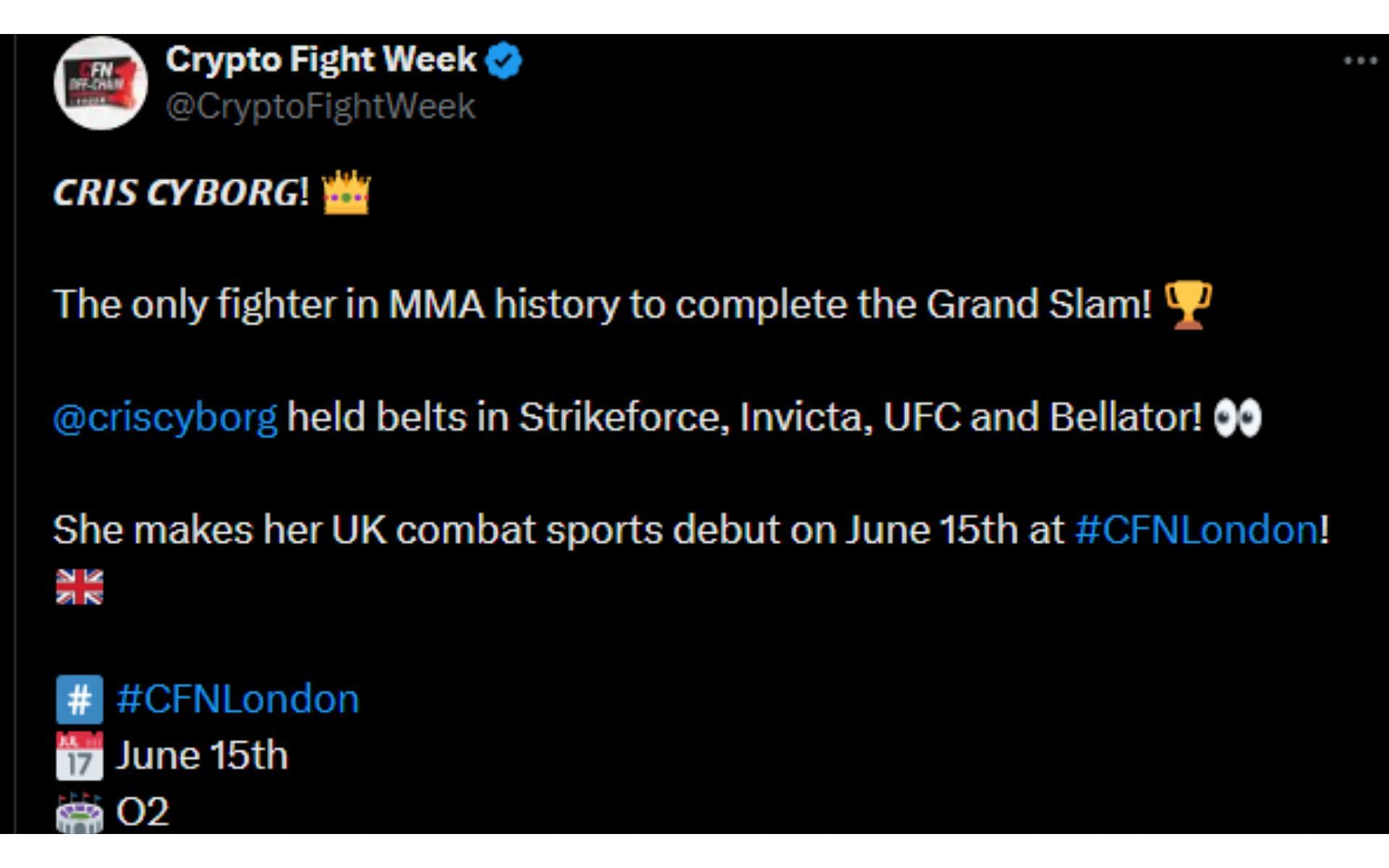 Crypto Fight Week's tweet regarding Cyborg [Image courtesy: @CryptoFightWeek - X]