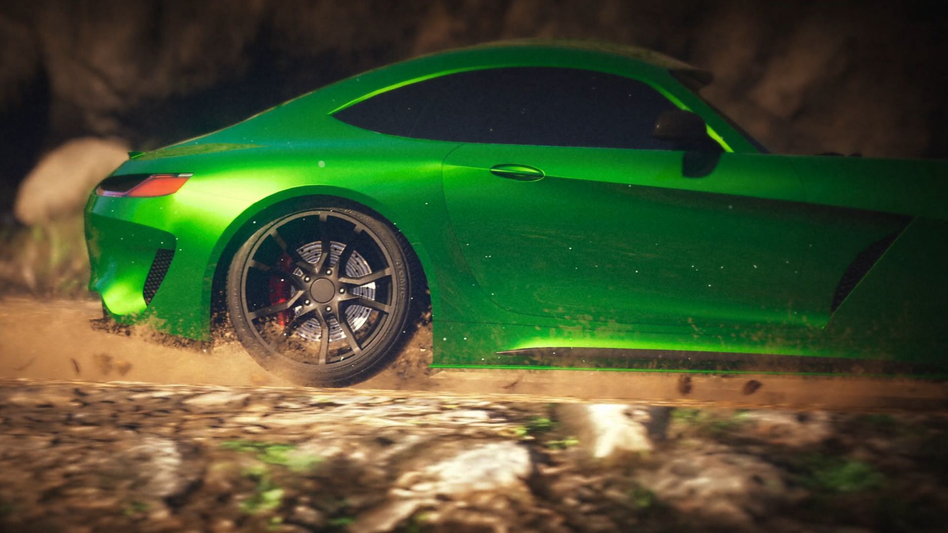 Schlagen GT can be seen speeding across a dirt road in the GTA Online Benefactor Update trailer which is easy to miss (Image via Rockstar Games)