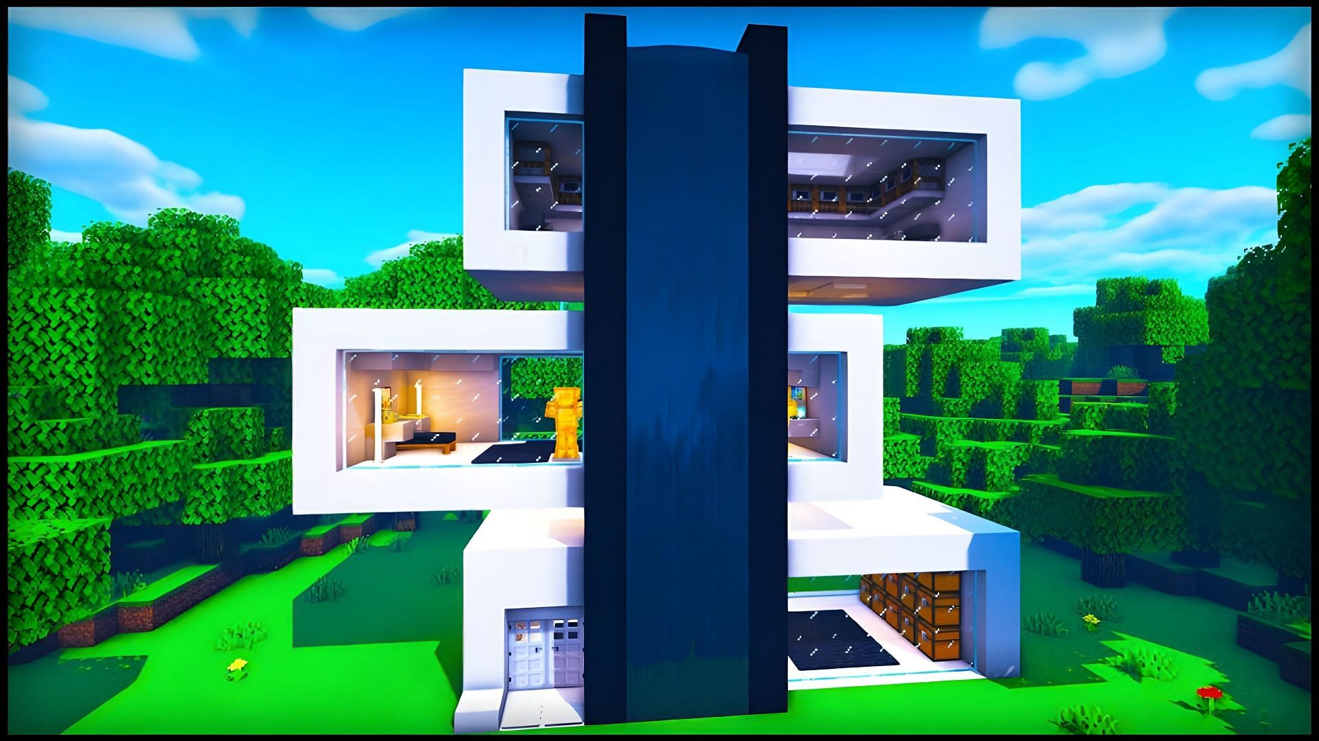 Aesthetic Waterfall Modern House (Image via Mojang Studios || YouTube/Random Steve Guy)