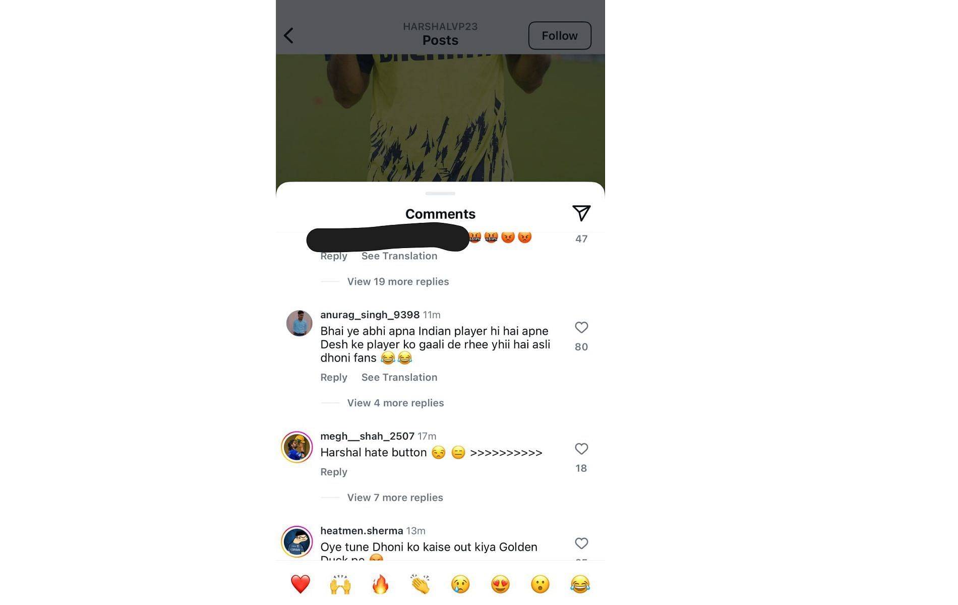 Screenshot from Harshal Patel&#039;s Instagram comments section