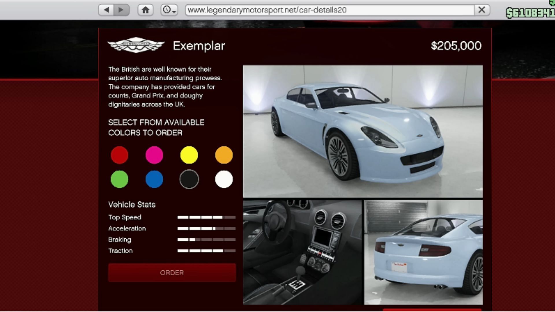 Exemplar&#039;s page on Legendary Motorsport (Image via YouTube/Digital Car Addict)